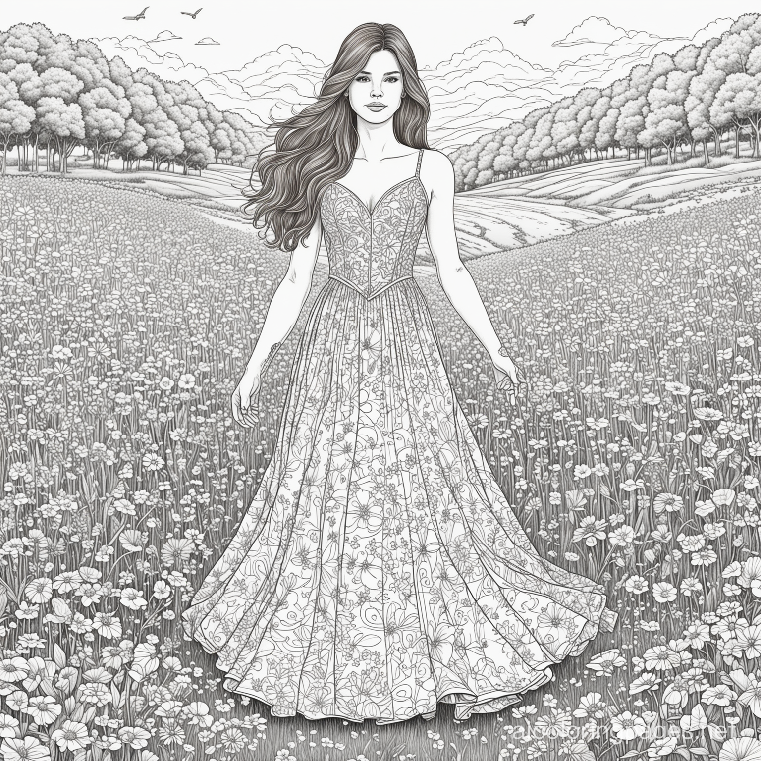 woman with long brown hair wearing a prom dress and standing in a field of flowers
, Coloring Page, black and white, line art, white background, Simplicity, Ample White Space. The background of the coloring page is plain white to make it easy for young children to color within the lines. The outlines of all the subjects are easy to distinguish, making it simple for kids to color without too much difficulty
