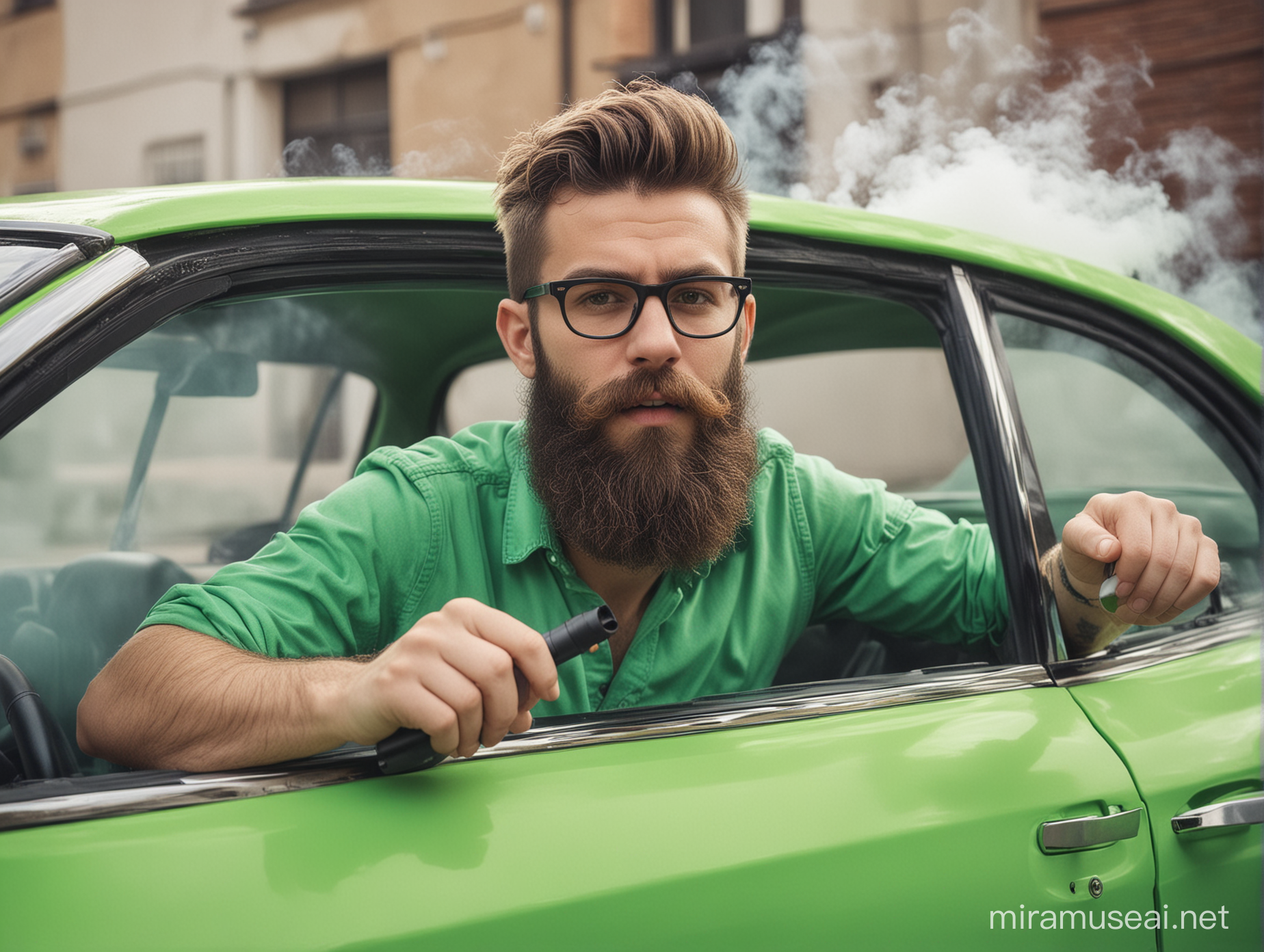 mangy beard hipster man driving neon green car and vaping heavily
