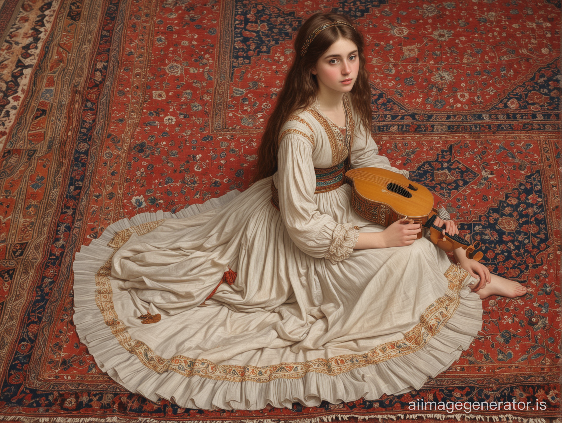Highly detailed painting, Pre-Raphaelite painting, young girl with bare feet with a small stringed musical instrument, long-necked dombra, sitting on a Persian rug on a sofa, diagonal angle, looking into the lens, soft lighting, style artist John William Waterhouse, medium shot, many details oriental interior, high detail, masterpiece
