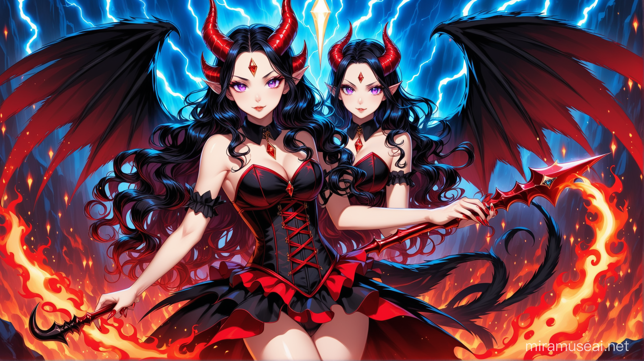 female devil with horns, a spade tail, long nails, large black wings with fair skin, violet eyes, long curly strawberry blade & black hair wearing a corset surrounded by red flames & blue lightning with a ruby diamond in her forehead posing