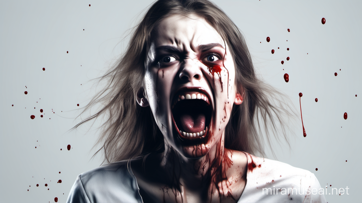 A girl screams, a girl looks like a monster, a girl with cuts and blood, horror style, white background, 3D render