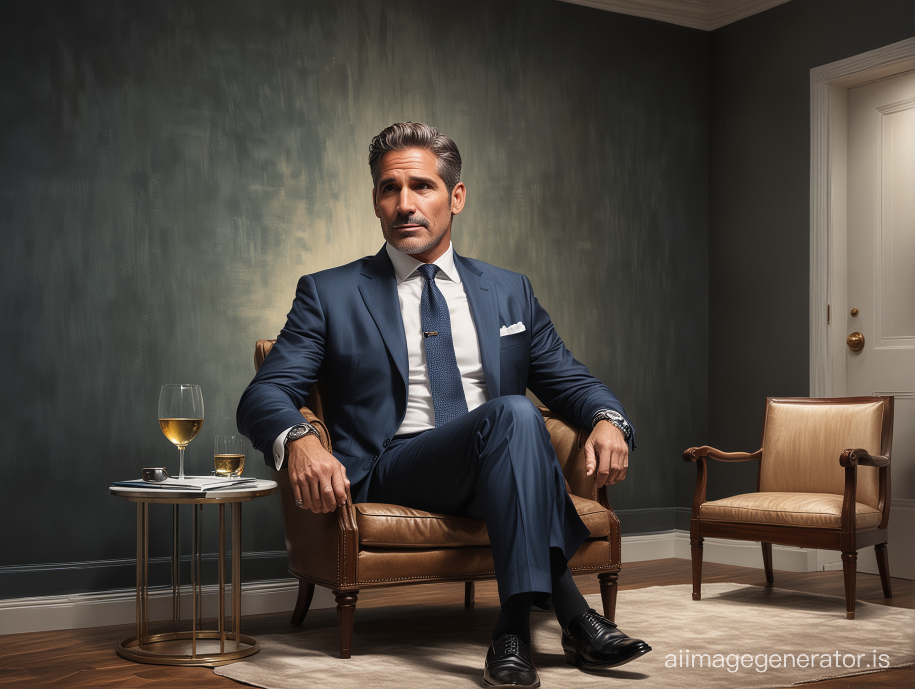A highly realistic mural capturing Grant Cardone in an elegant, dimly lit study, in mid-conversation, with the ambiance of the room reflecting a sense of future possibilities, hyper realistic, ultra realistic details, sitting on a chair
