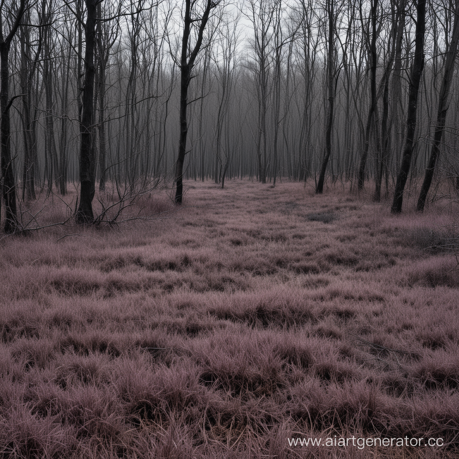 a dark clearing in front of the forest, purple, gray and black tones, withered withered grass, an atmosphere of abandonment