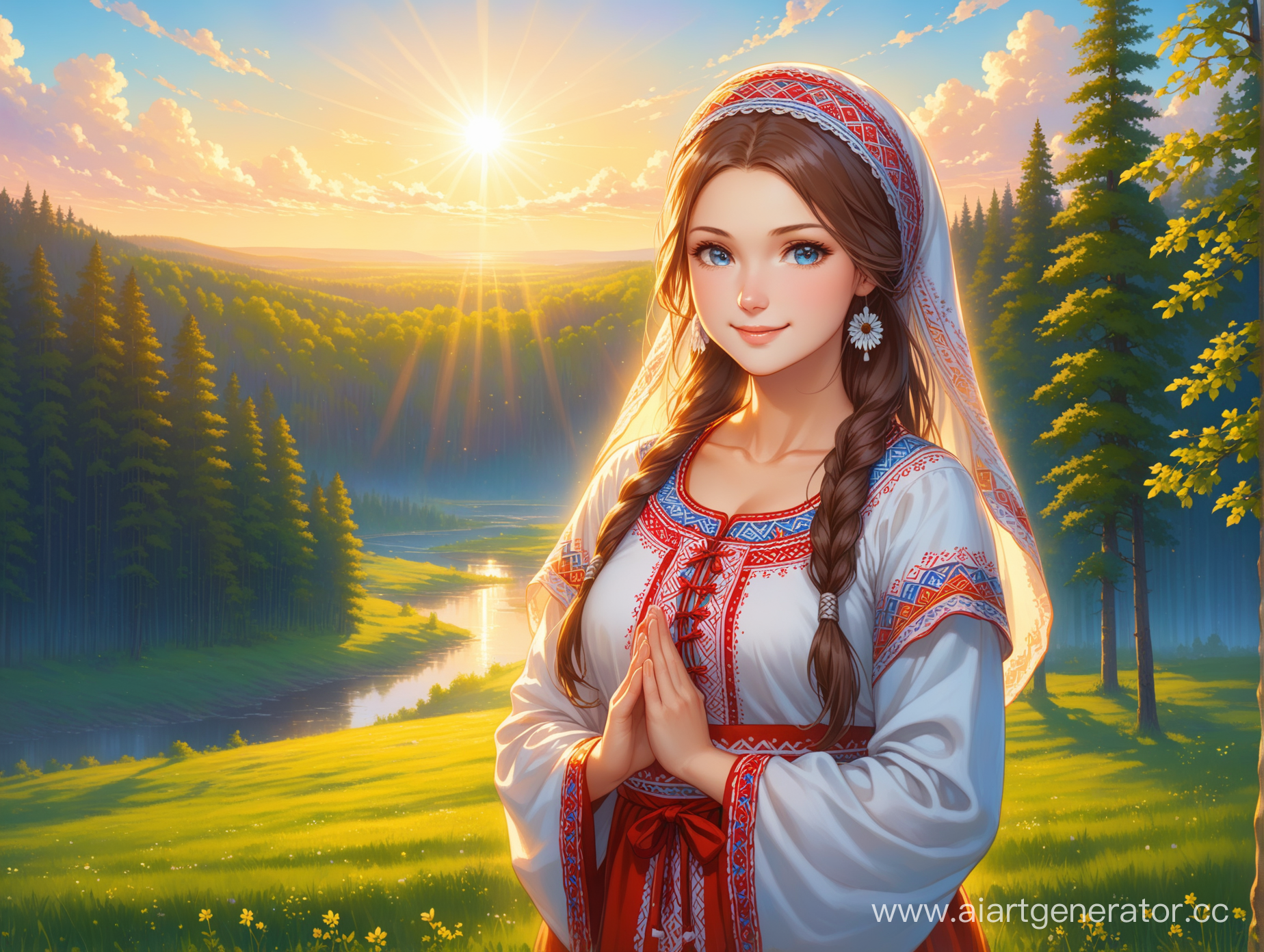 spring morning, in a clearing, near the forest, the rays of the sun behind the scenes, the first rays of the sun, the rays shine on the face, the sky from the clouds, landscape, (detailed 2.0),
1 girl, slavic folk clothes, vyshyvanka, brown hair, deep blue eyes, a kind smile, standing, hands joined together
