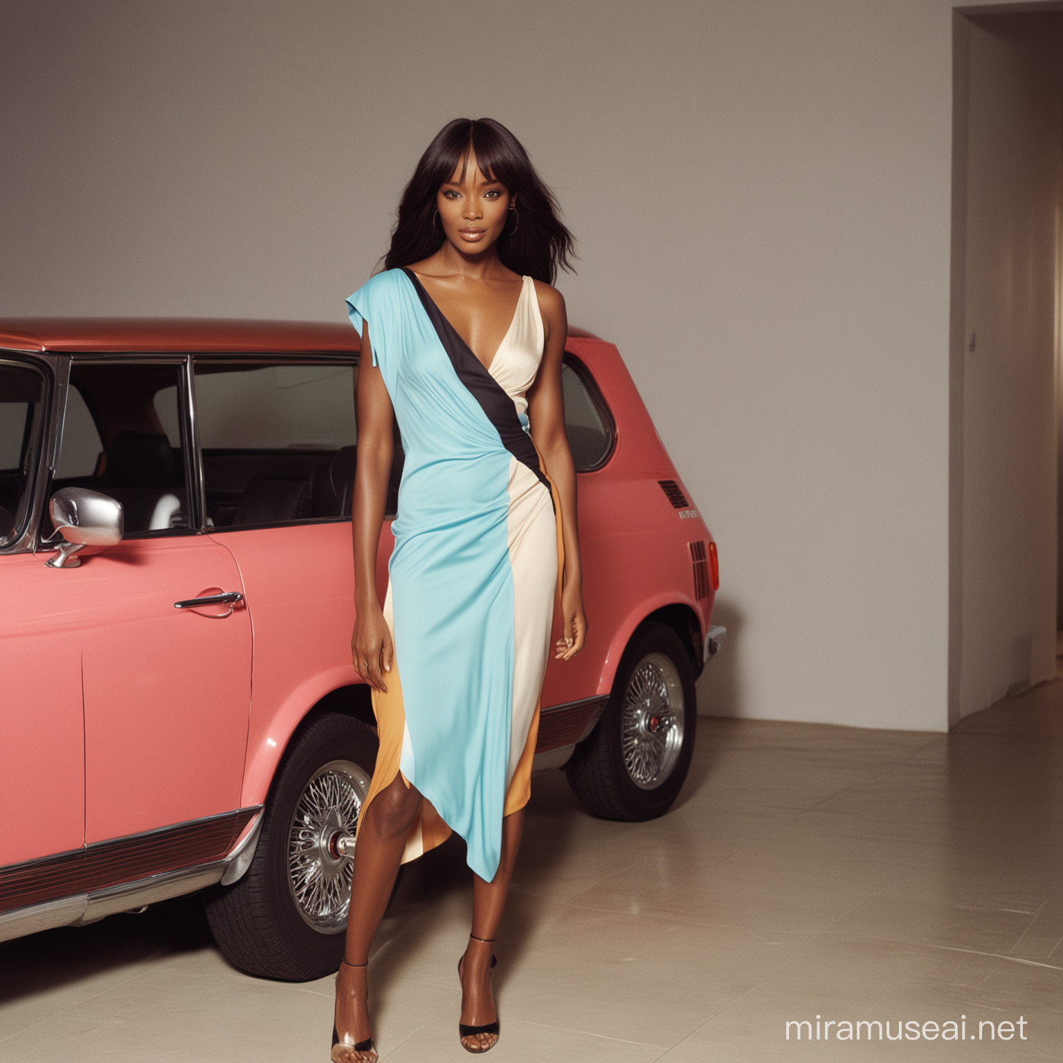 Naomi Campbell Fashion Photography Retro Color Block Draped Dress in Candid Shot