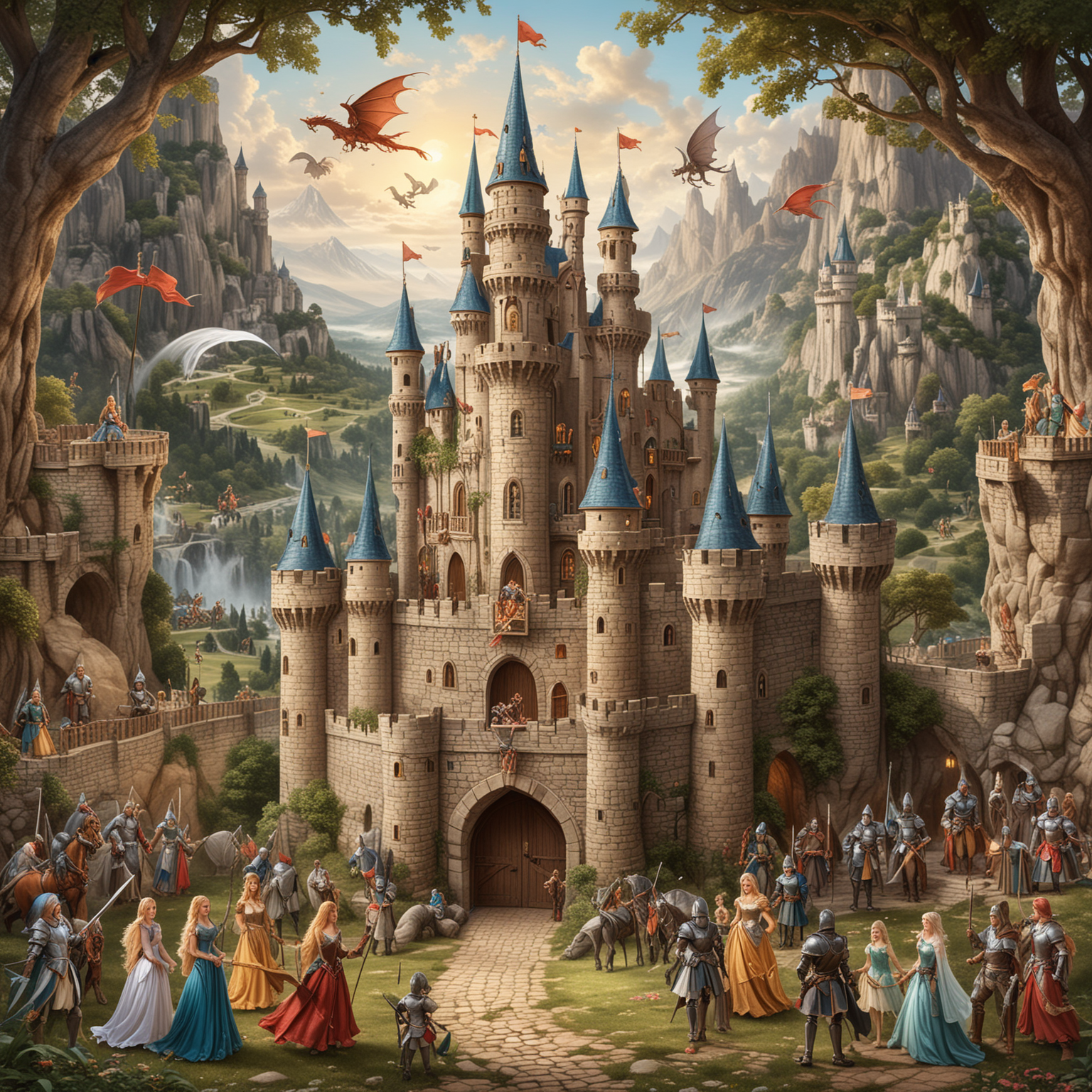 fairy tale castle with knights, dragons and princesses