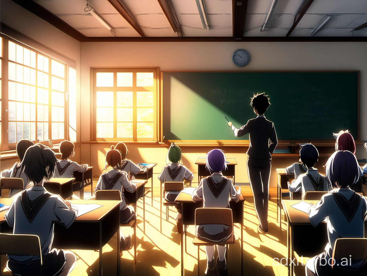 view of high school classroom with students, from behind, one chalk board with a teacher, sunny day, 3D anime style