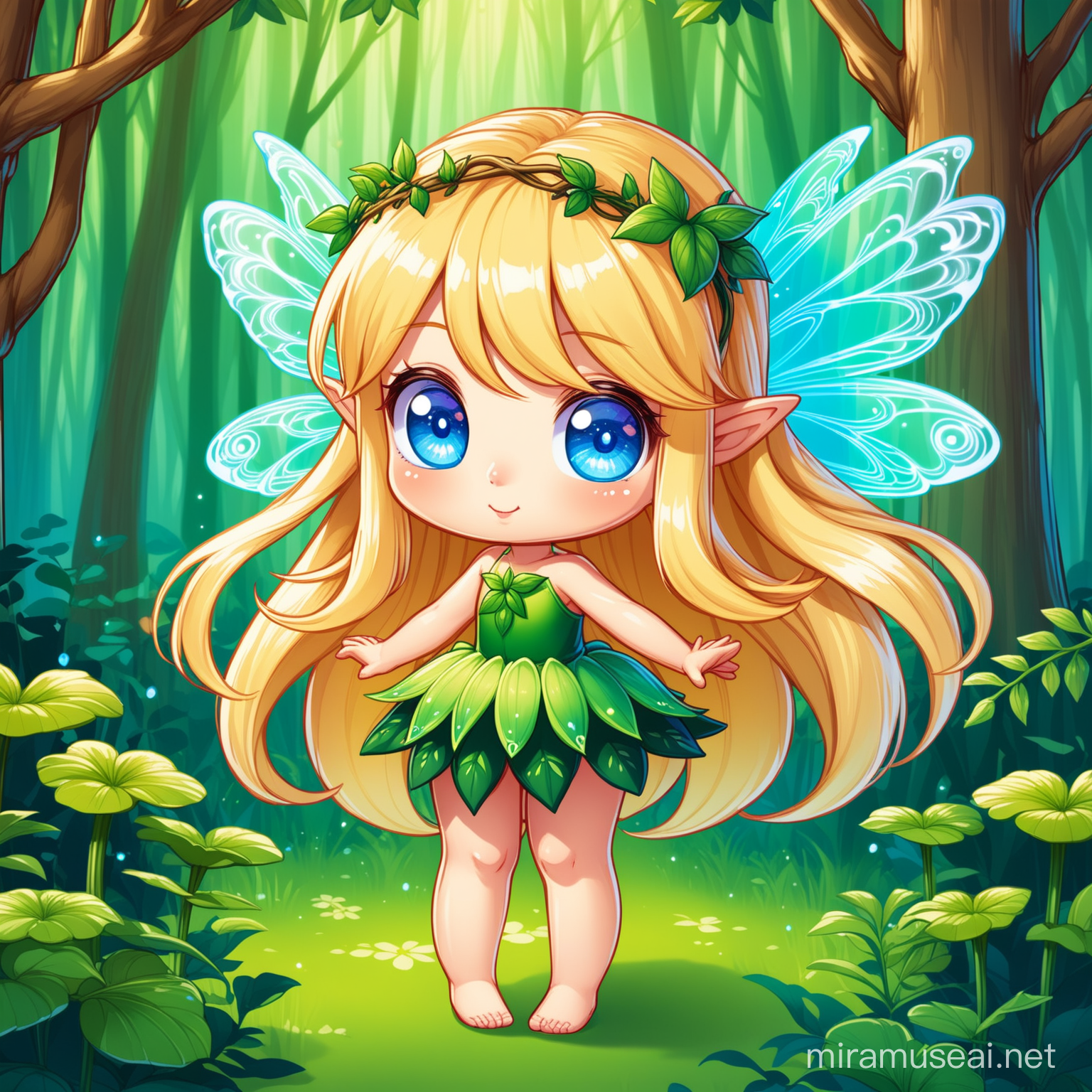 imagine poseable prompts, small forest fairy in cartoon style with long blonde hair and big blue eyes