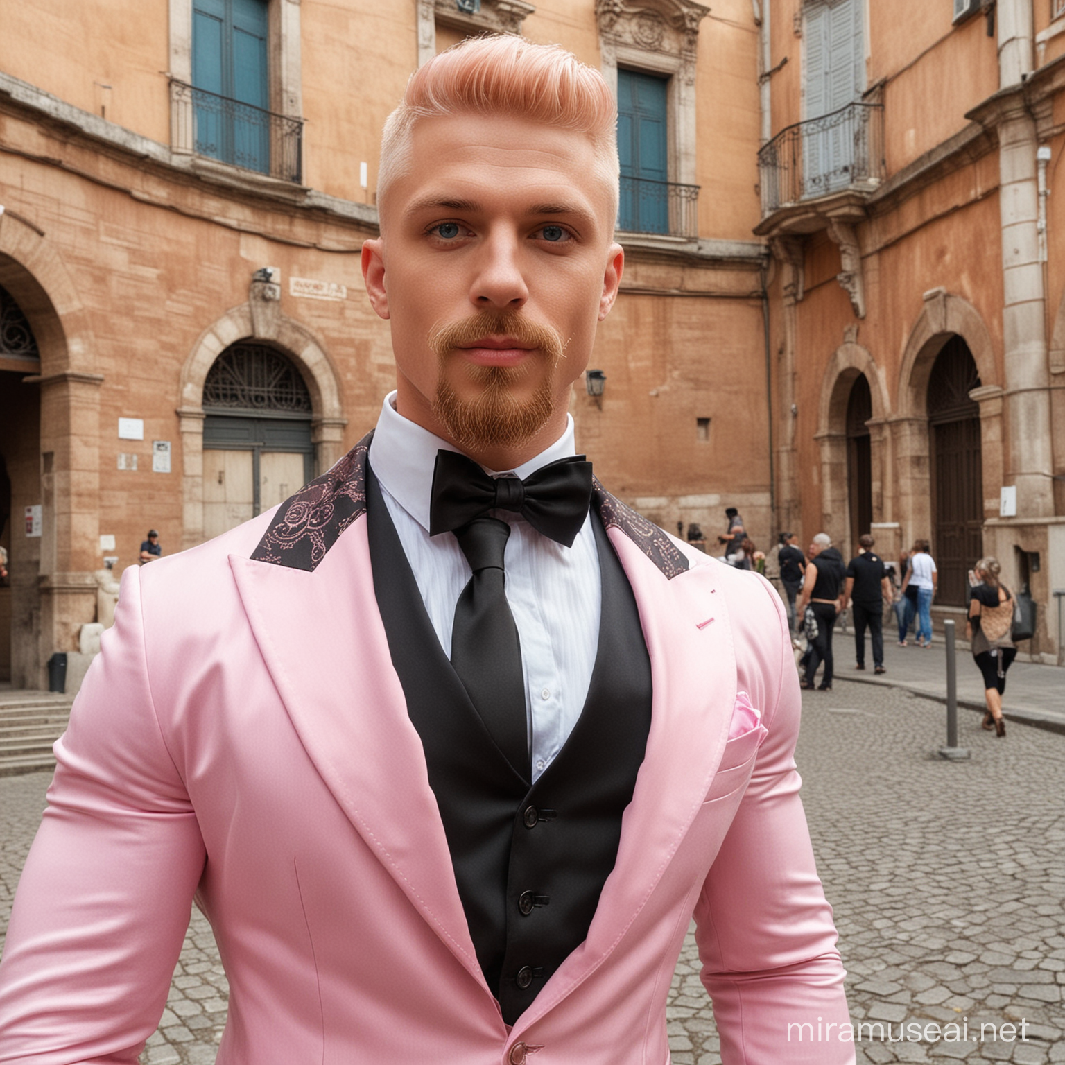 Swole Bodybuilder Julius Demetre Ezekiel Poses in Pink Steampunk Blazer Tuxedo in Rome Italy