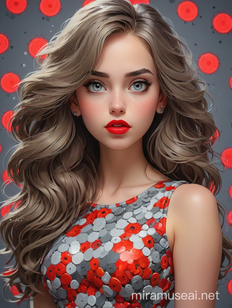 Pixel art,AiVision, portrait of a beautiful girl with full body, long hair, she is wearing dress, full red lips, gray eyes, pop art, entirely made of dots of different sizes, neon colors red cyrcles background