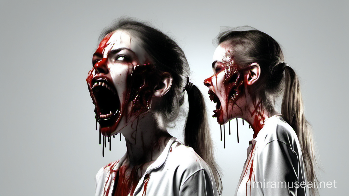 A girl screams, a girl looks like a monster, a girl with cuts and blood, the girl is in profile, horror style, white background, 3D render