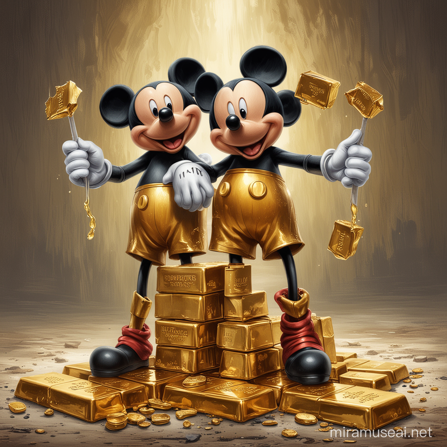 Mickey Mouse echo de petróleo agarrando un par de lingotes de oro