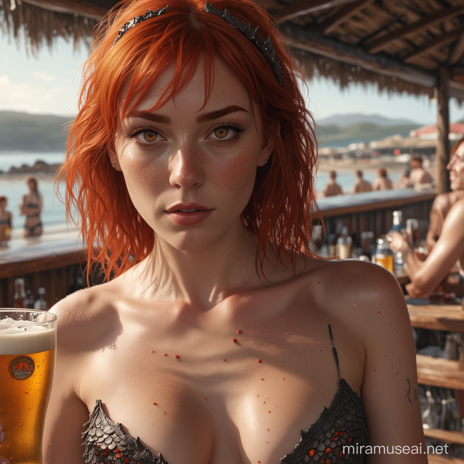 hyperrealistic very high detail 4k full body photograph taken from the left with depth perception, showing a female human with long fiery red hair thin red eyebrows, burning red eyes and face full of freckles, with dragon scales growing on arms and body, at a beach bar with a beer