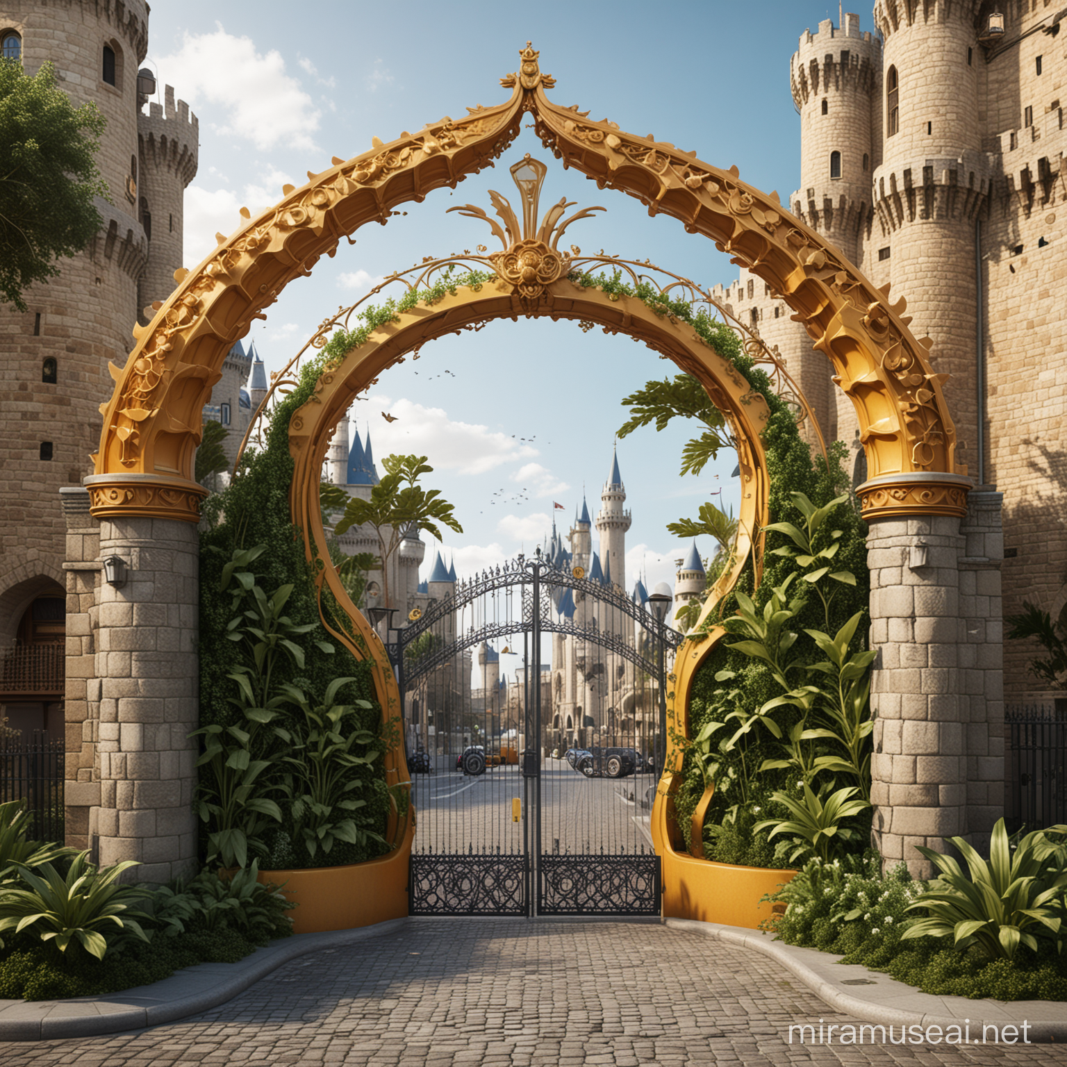 Designing the entrance gates of a city in which there are kiosks to pay fees for the passage of taxis and owners. This design is composed of a fusion of the shape of the gear with the shape of the sea wave and the shape of the plant and honey, as well as the shape of the castle designated for the Charitable Qanater.