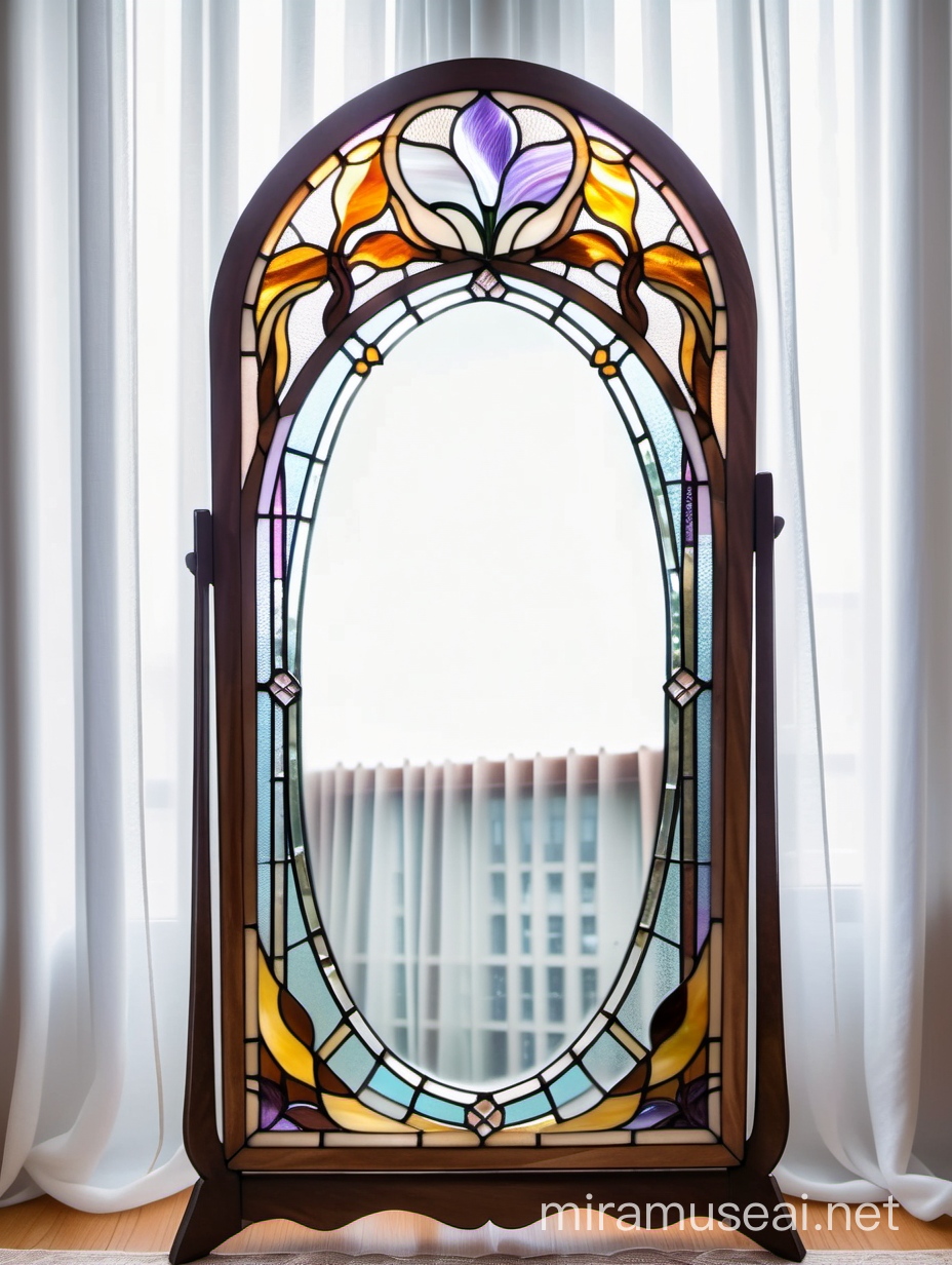витражное зеркало в стиле
ар нуво из белого,фиолетового желтого, синего и коричневого стекла тифани, стоит на столе, на фоне штор из белой органзы