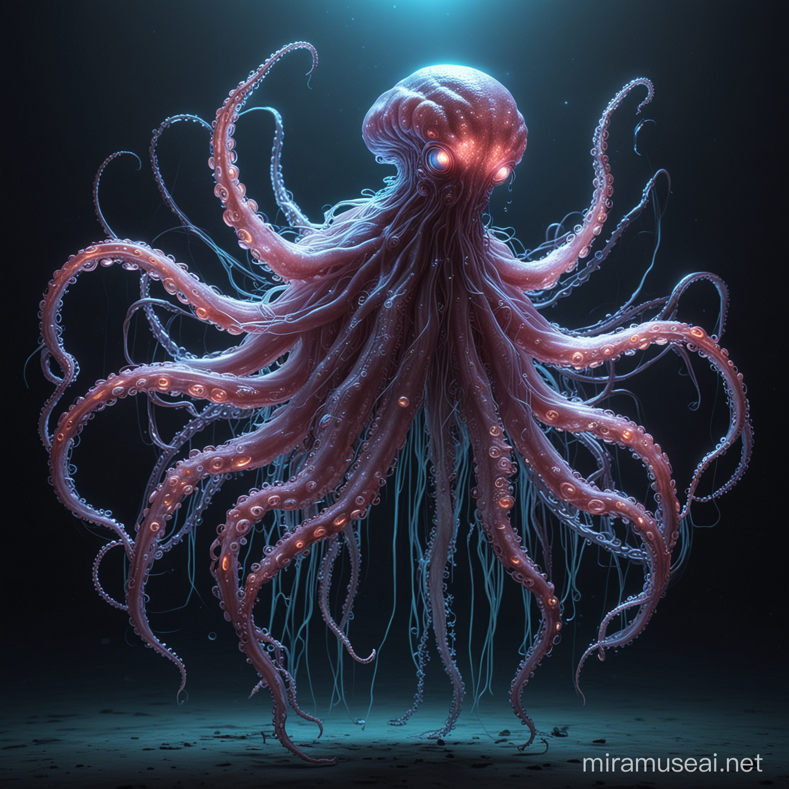 create an alien, who is an amalgamation if octopus and jellyfish with neon lights emitting from its body, highly detailed