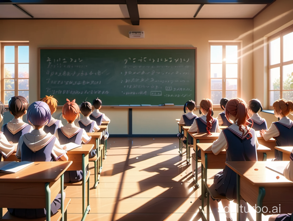 view of high school classroom with students sitting, from behind, one chalk board with a teacher, sunny day, 3D anime style