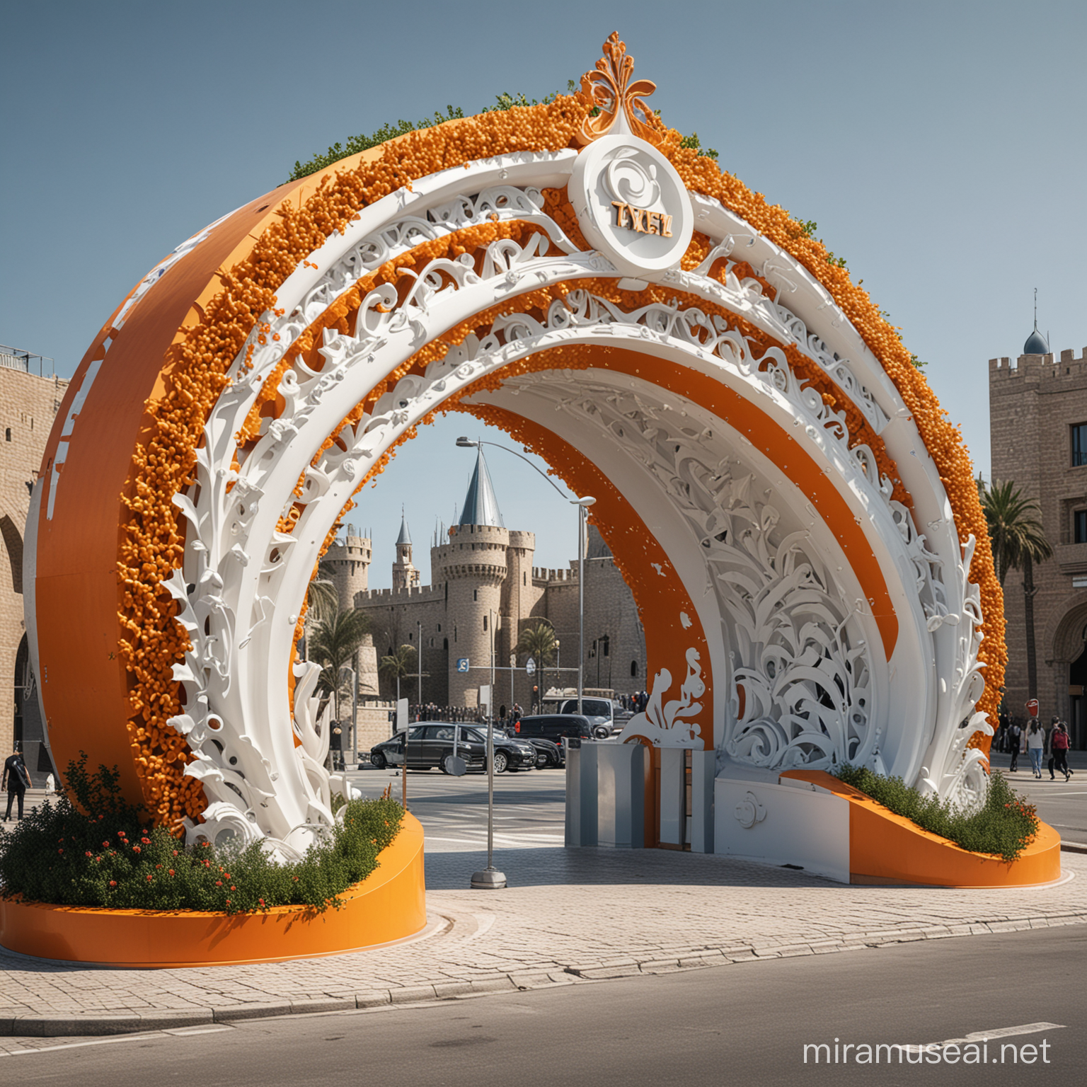 Designing the entrance gates of a city in which there are kiosks to pay fees for the passage of taxis and owners. This design is composed of a fusion of the shape of the gear with the shape of the sea wave and the shape of the plant and honey, as well as the shape of the castle designated for the Charitable Qanater.color orange and white and blue