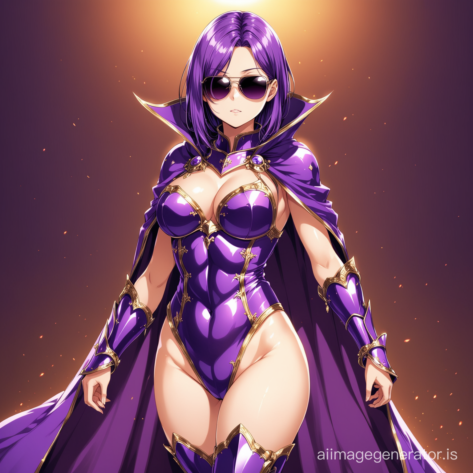 hot anime girl in a royal revealing purple armour wearing a cape and a pair of sunglasses 