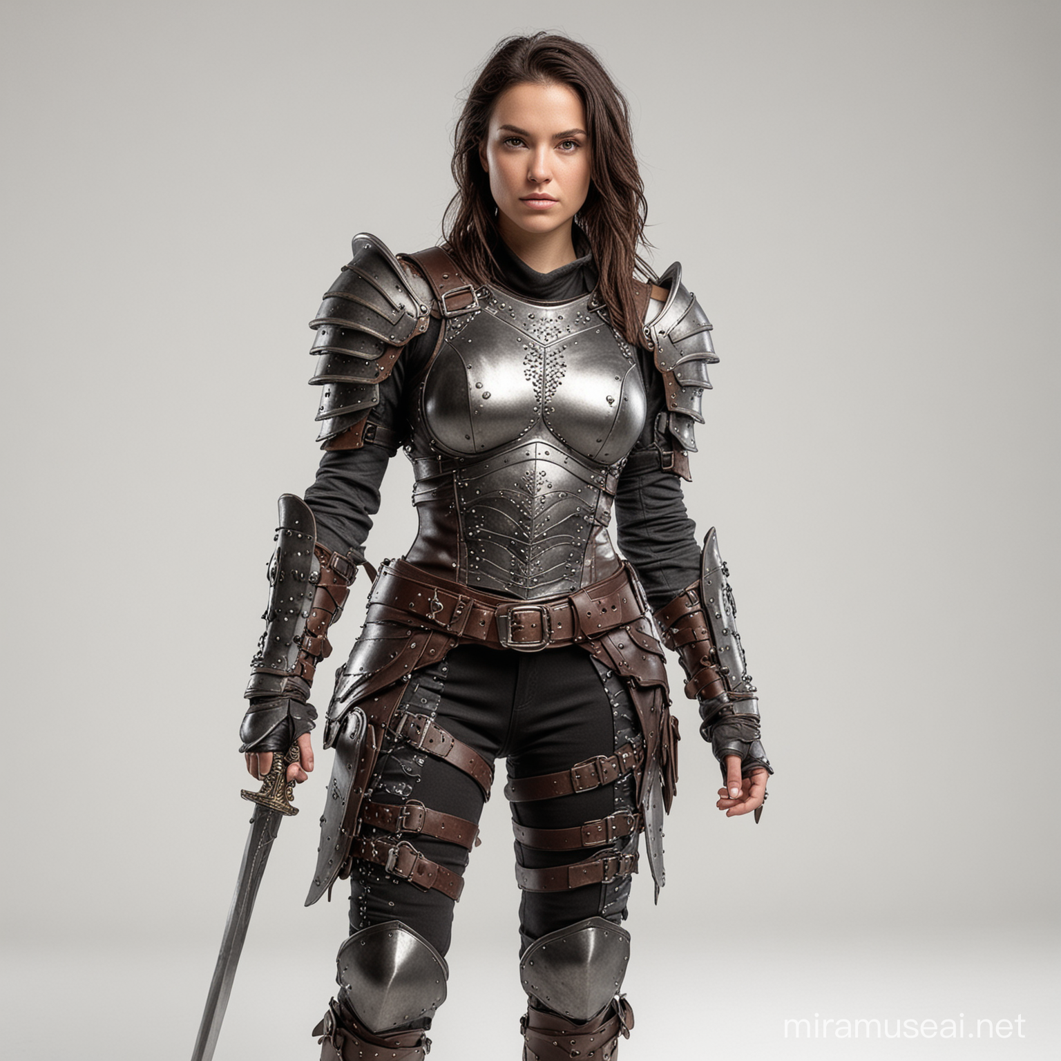 fully body, white background, female warrior in leather armor