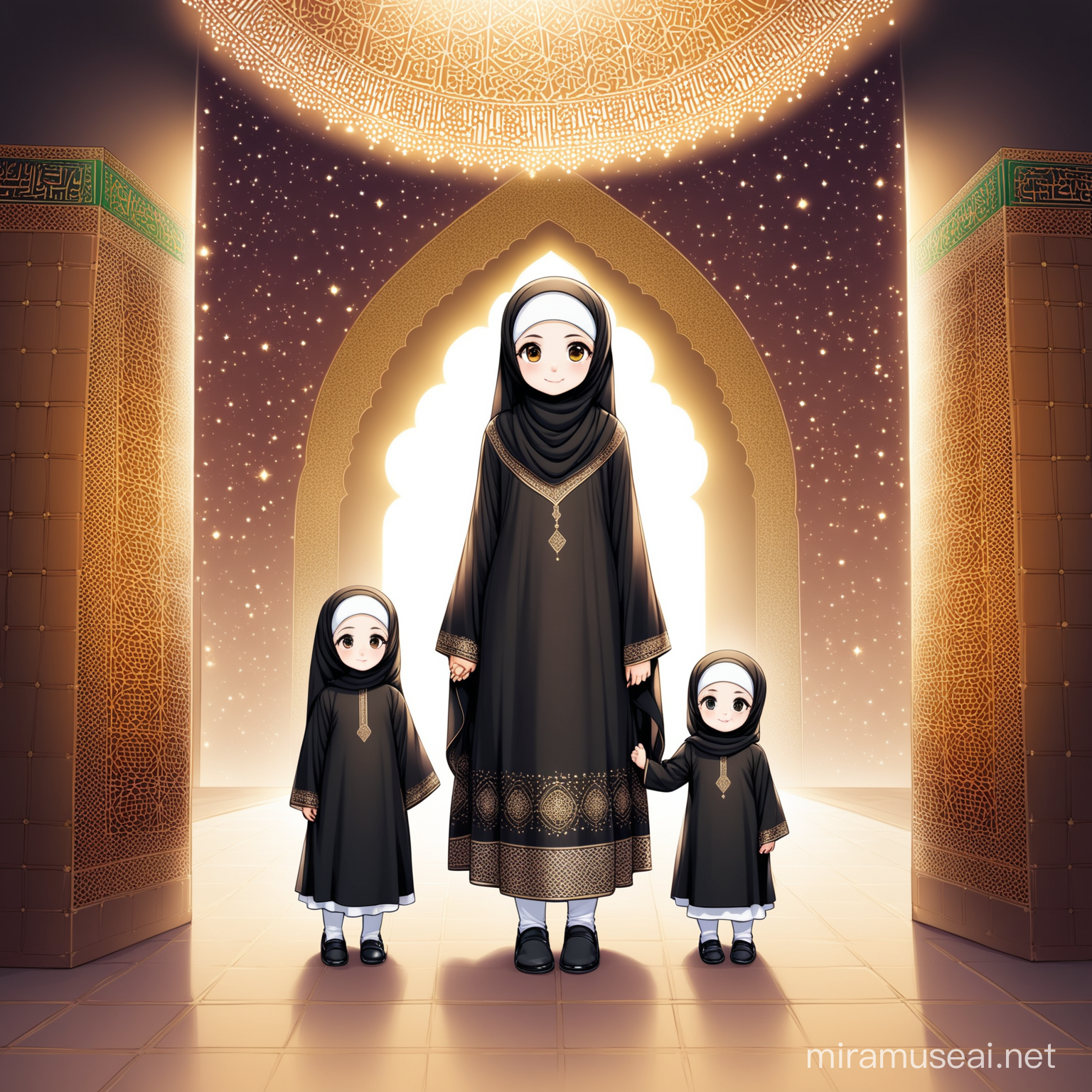 Character Persian little girl(full height, Muslim, with emphasis no hair out of veil(Hijab), smaller eyes, bigger nose, white skin, cute, smiling, wearing socks, clothes full of Persian designs) with both father(not Arab) and mother.

Atmosphere Kaaba cube Qibla of Muslims, nobody.