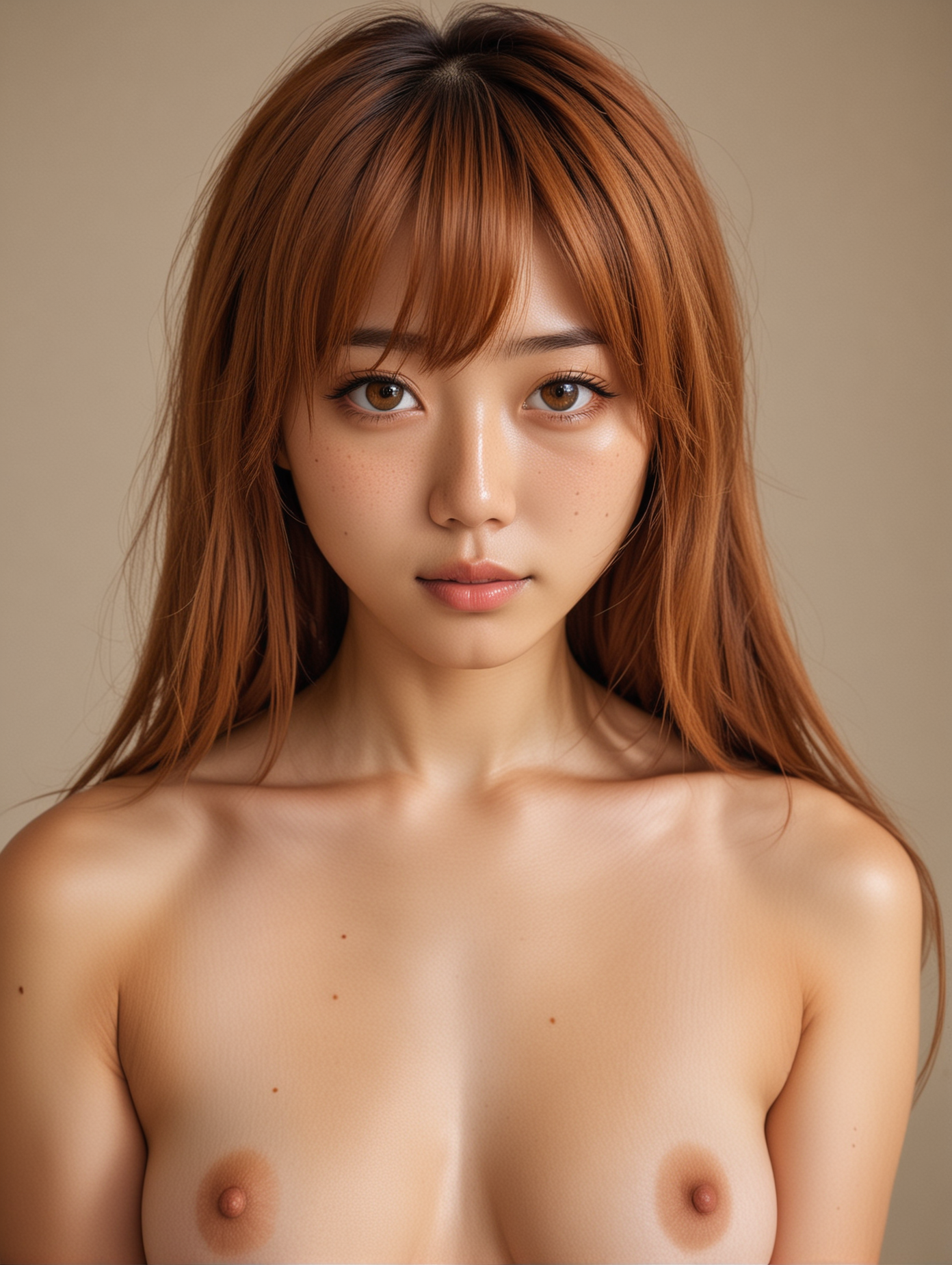 Fullbody japanese girl with caramel-colored medium length hair, freckles and huge amber eyes nude