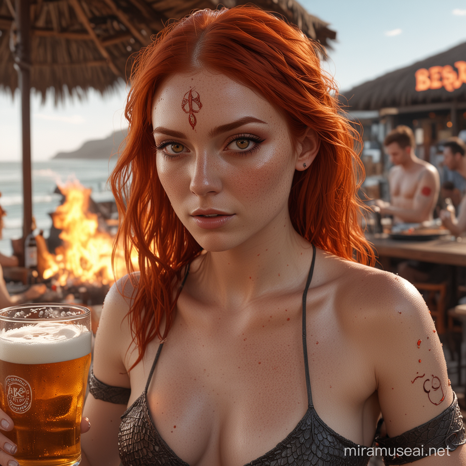 hyperrealistic very high detail 4k full body photograph taken from the left with depth perception, showing a female human with long fiery red hair thin red eyebrows, burning red eyes and face full of freckles, with draconic symbols carved into skin and dragon scales on arms and body, at a beach bar with a beer