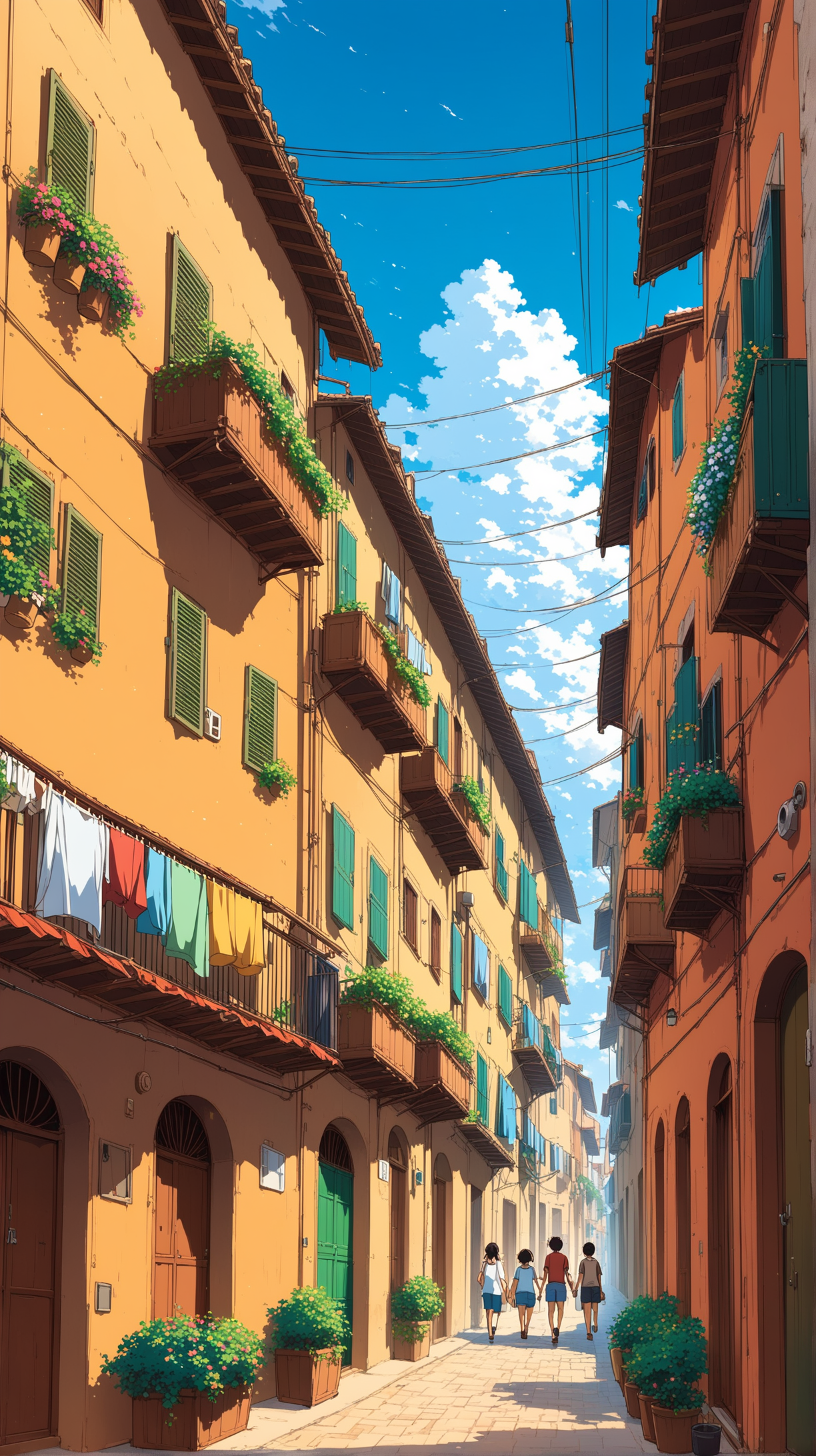 people walking in alley between The balconies with many of hanging  clothes laundry on each balcony at the apartment building in neghbourhood in a small village in Italy, people walking in alley,  shops in alley, flowers potted, beautiful evening summer sky, anime, ghibli studio style, trending pixiv fansbox, acrylic palette colors, ultra highly detailed form and line, wire and pole, codex_401 art style, amazing ilustration anime