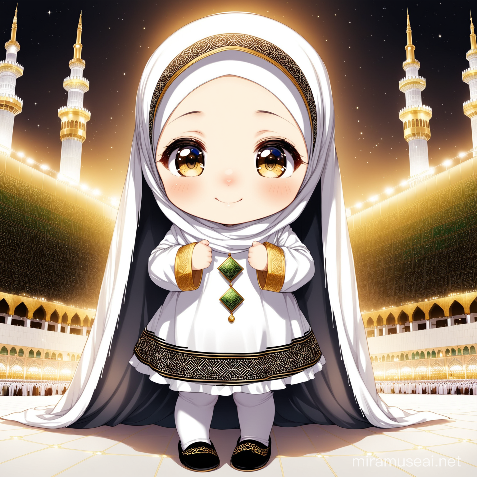 Character Persian little girl(full height, Muslim, with emphasis no hair out of veil(Hijab), smaller eyes, bigger nose, white skin, cute, smiling, wearing socks, clothes full of Persian designs) with both father(not Arab) and mother.

Atmosphere Kaaba cube in Mecca, nobody.