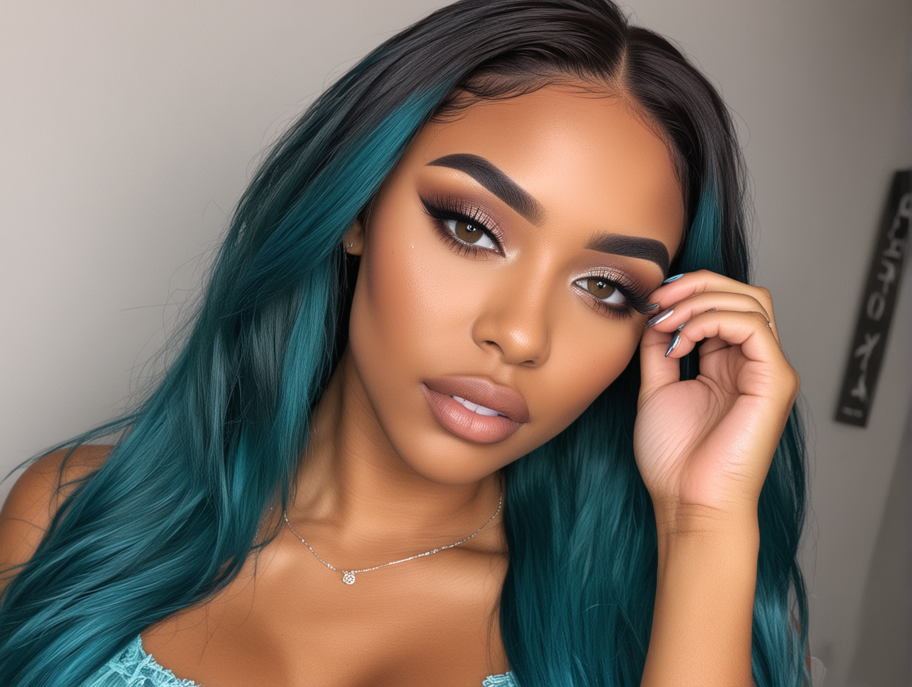 Beautiful black brown skin woman, full face makeup with teal eyebrows, blue green straight lace front wig with middle part and baby hairs