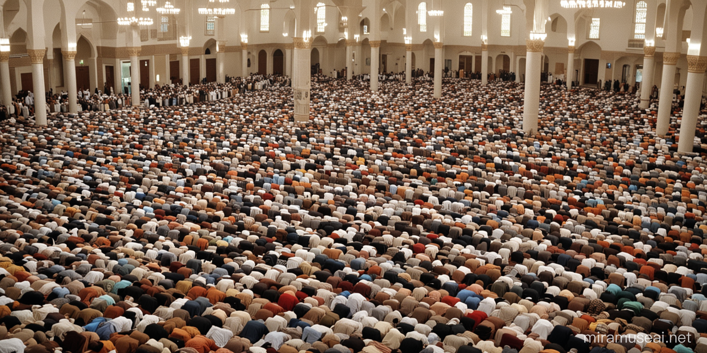 A large crowd praying in a beautiful and bright mosque 19808