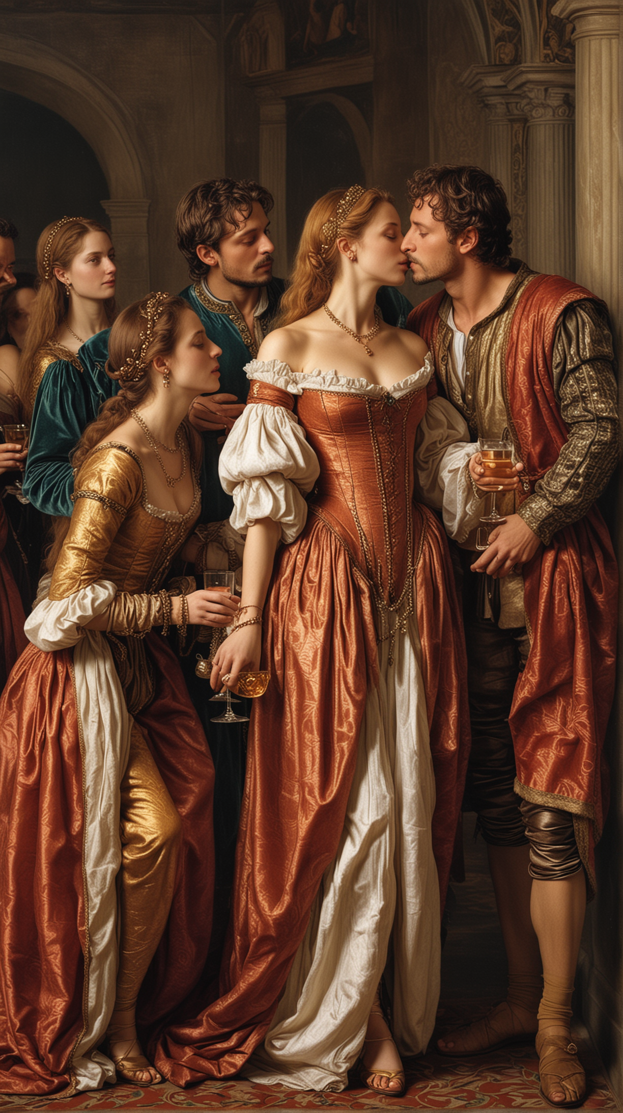 in Renaissance time Borgia family in lavish parties, drinking, kissing in half cloths.