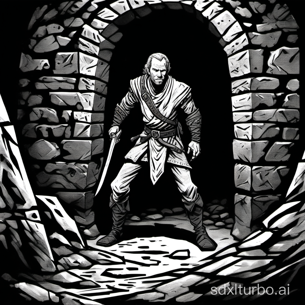 ink illustration, character profile, an older Jorah:fighter lurking in a tomb tunnel, impatient expression, dark and moody atmosphere, half body, 1bit bw, style of 1981 Dungeons and Dragons, by David Trampier,