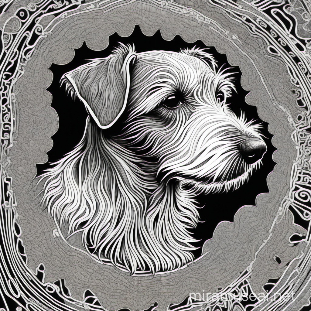 psychedelic drawing of a resting gray and white wirehaired portuguese podengo