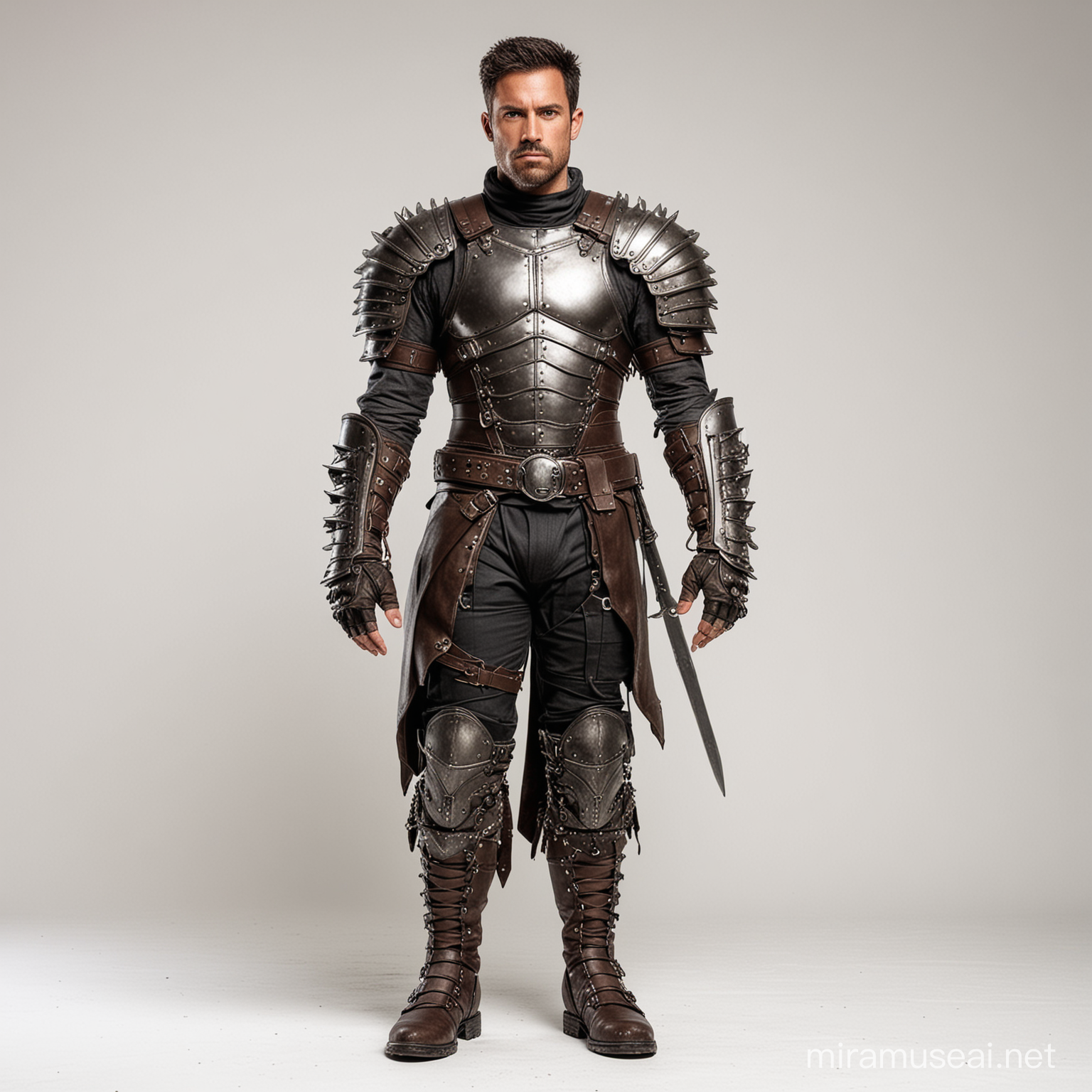 full body, white background, one male warrior with dark skin in leather armor covering all vitals with metal boots