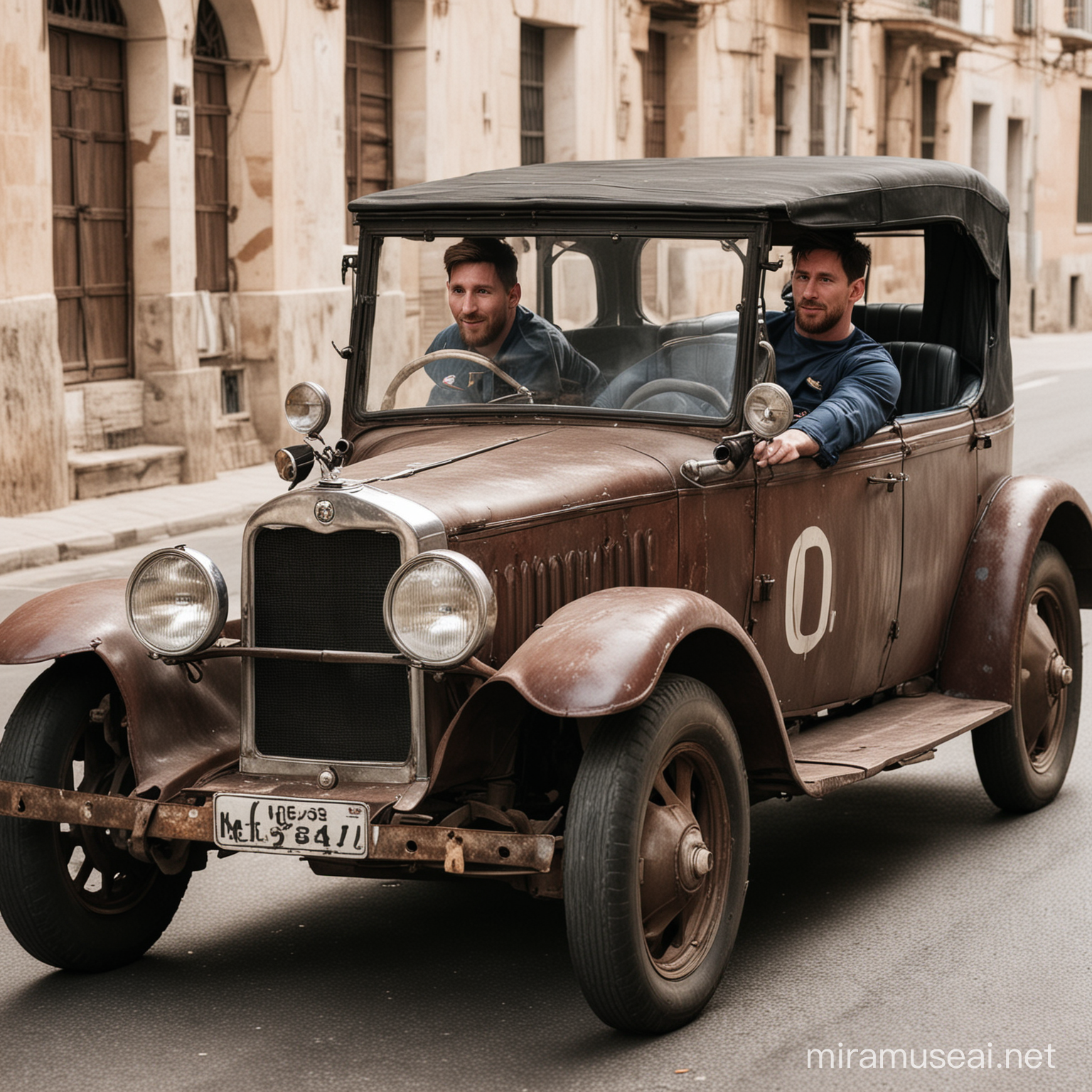 Messi riding an old car

