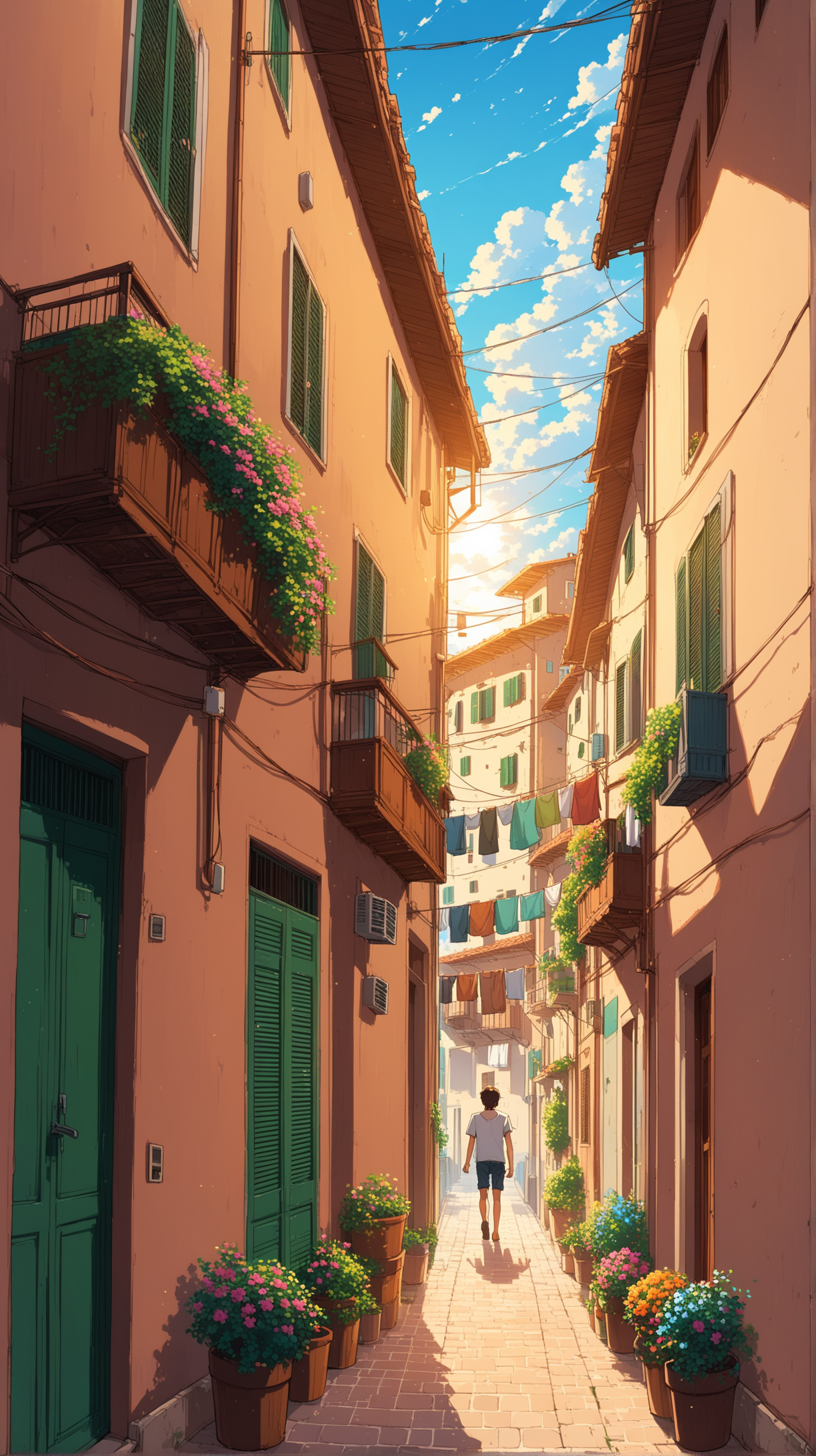 boy and girls walking in alley between The balconies with many of hanging clothes laundry on each balcony at the apartment building in neghbourhood in a small village in Italy, people walking in alley, shops in alley, flowers potted, beautiful evening summer sky, anime, ghibli studio style, trending pixiv fansbox, acrylic palette colors, ultra highly detailed form and line, wire and pole, codex_401 art style, amazing ilustration anime

