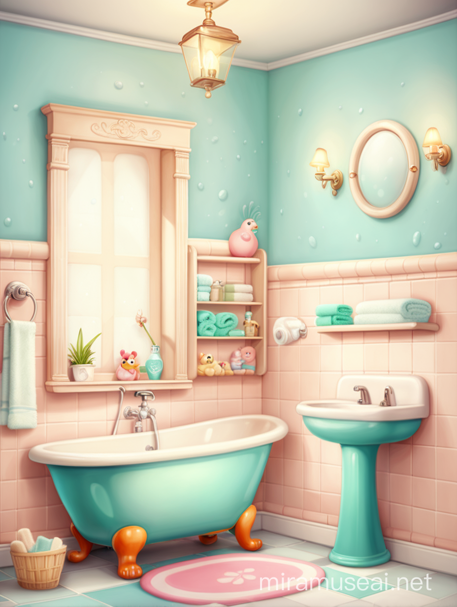 cute  bathroom, light colors, for 2d childern game
