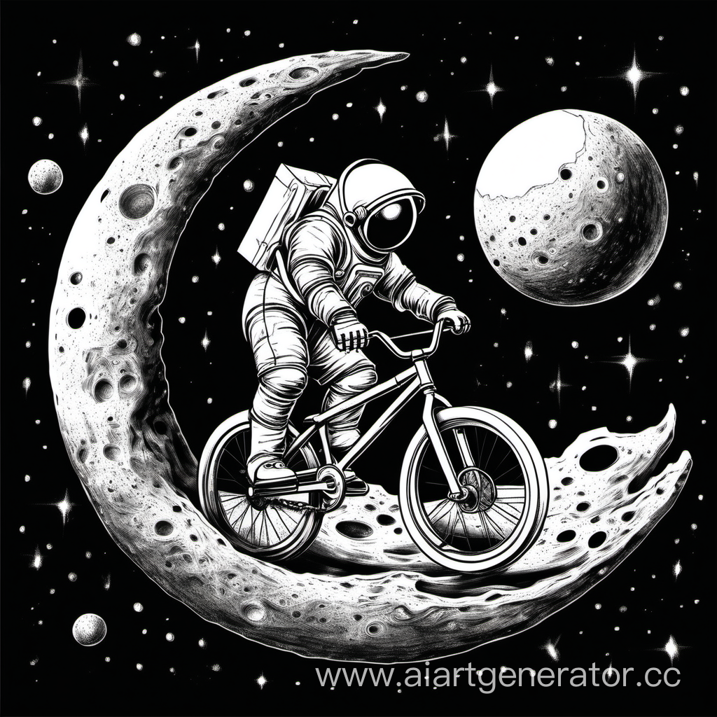 Космонавт на велосипеде bmx выполняет трюк на поверхности луны штриховой рисунок на черном фоне вид с боку
