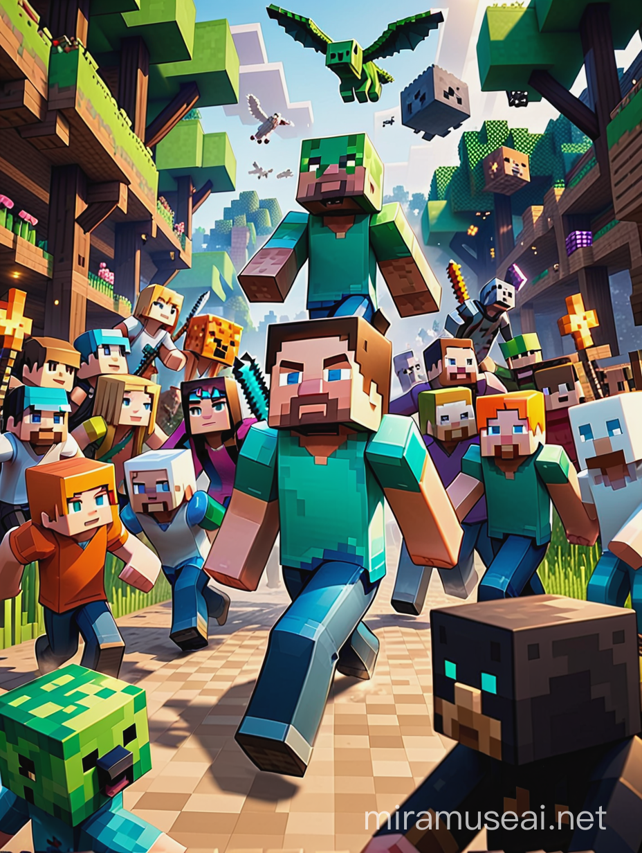 Minecraft Player Surviving Against Horde of Mobs Detailed Game Scene