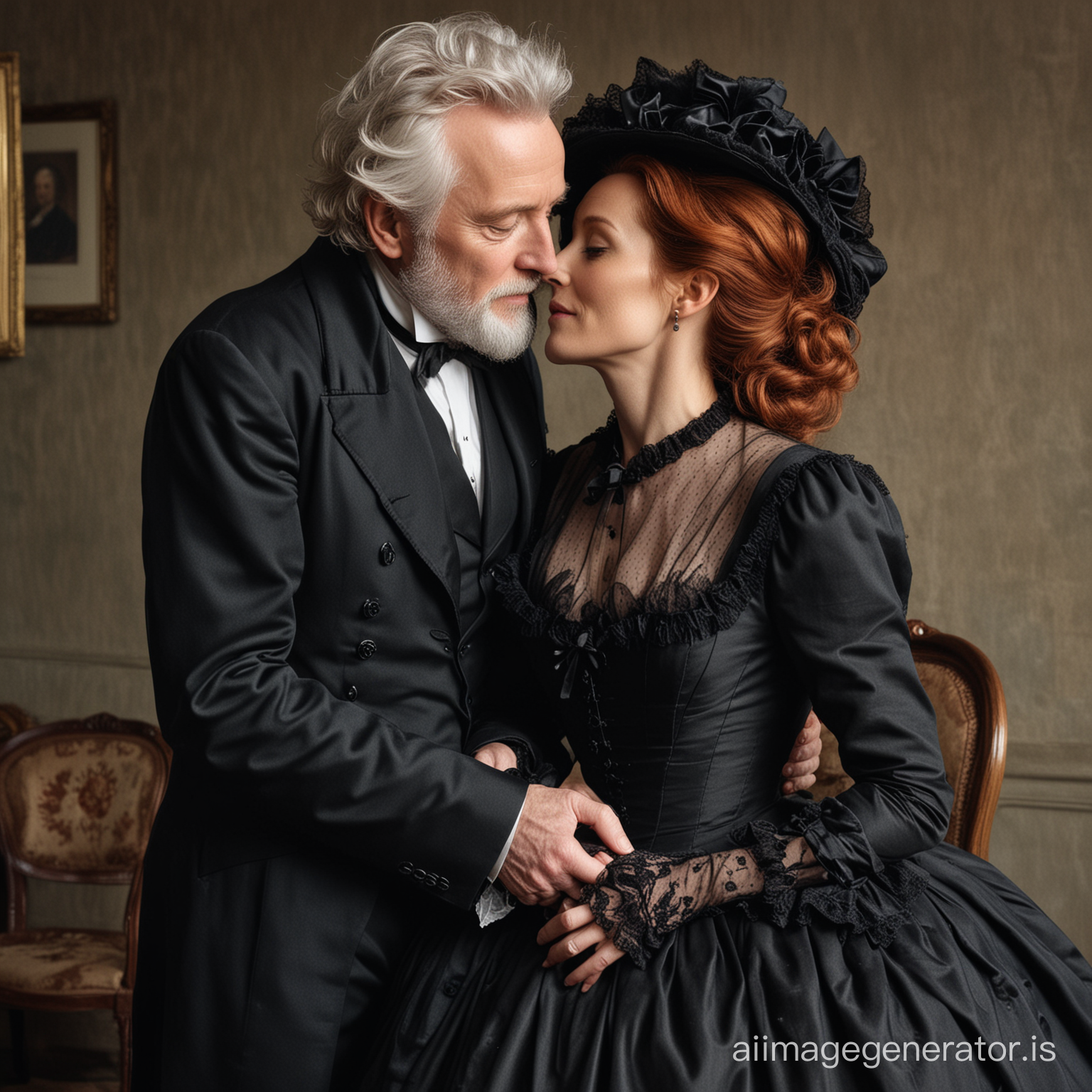 red hair Gillian Anderson wearing a dark chocolate floor-length loose billowing 1860 Victorian crinoline poofy dress with a frilly bonnet kissing lovingly an old man dressed into a black Victorian suit who seems to be her dear husband