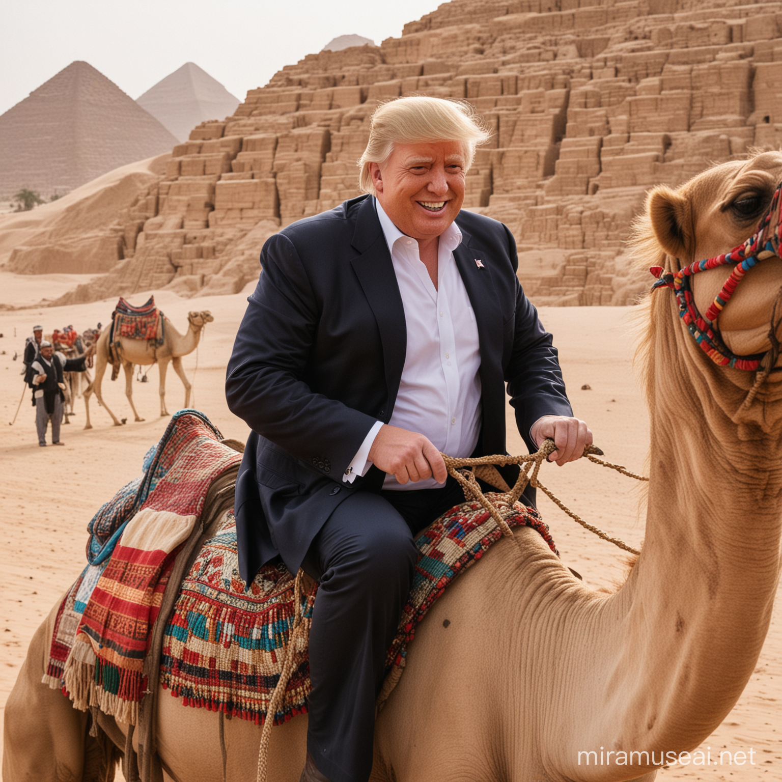 closeup of donald trump riding a camel , egypt