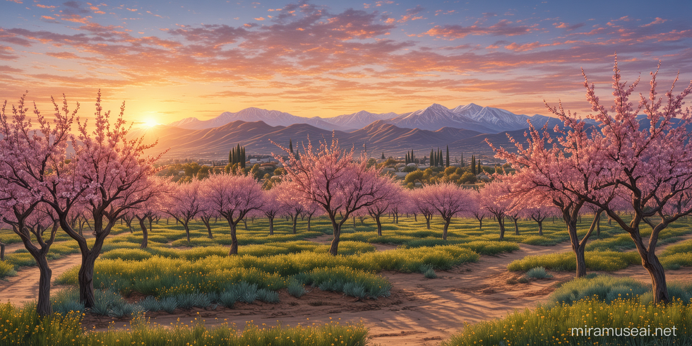 Draw a garden of almond trees, with mountains behind, in the evening when the sun is setting, draw it like a pencil drawing, colored
