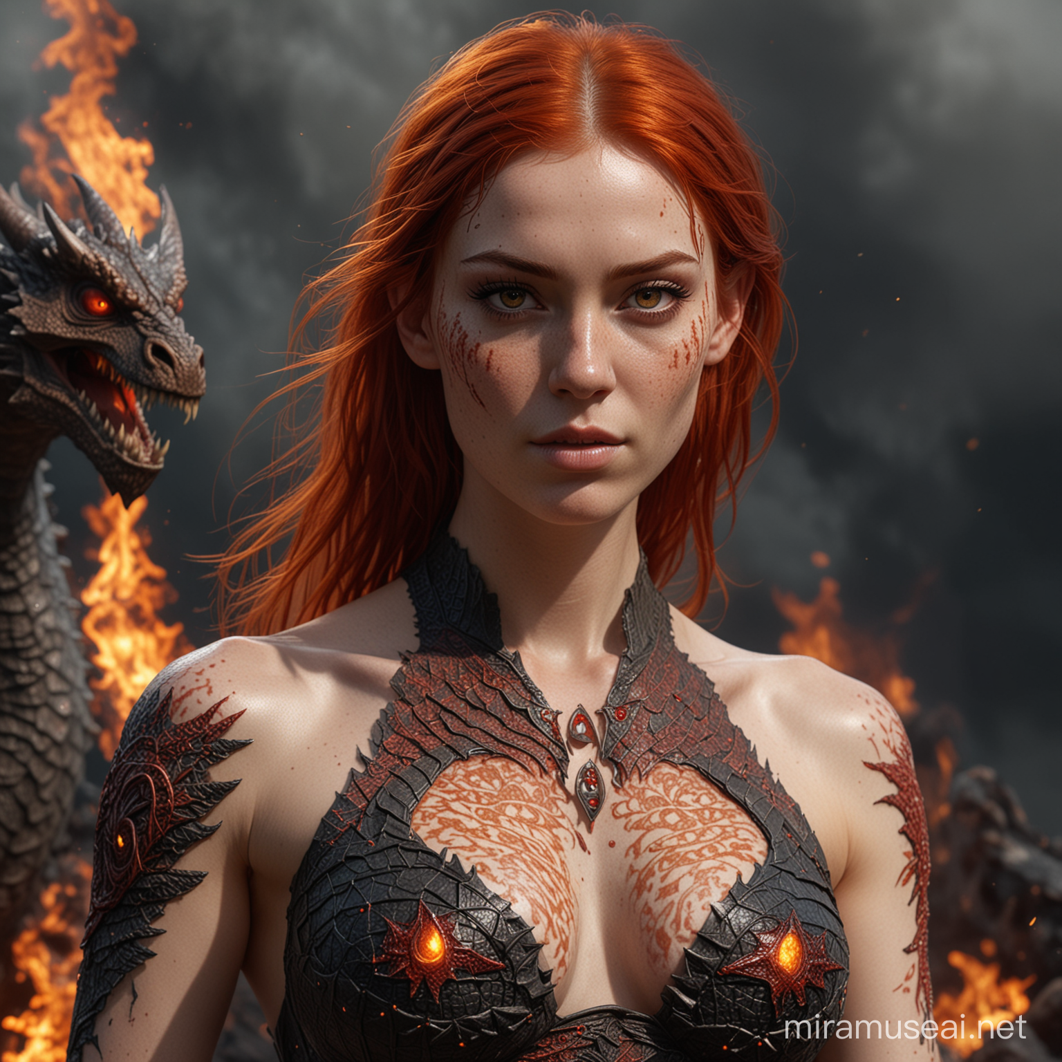hyperrealistic very high detail 4k full body long shot photograph taken from the left with depth perception, showing a female human with long fiery red hair thin red eyebrows, burning red eyes and face full of freckles, with draconic symbols carved into arms and body, sleeveless open front top made of dragon scales