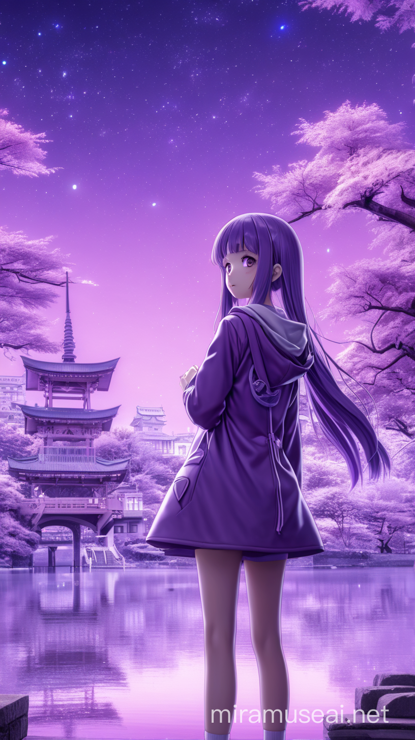 purple anime girl with beautiful background