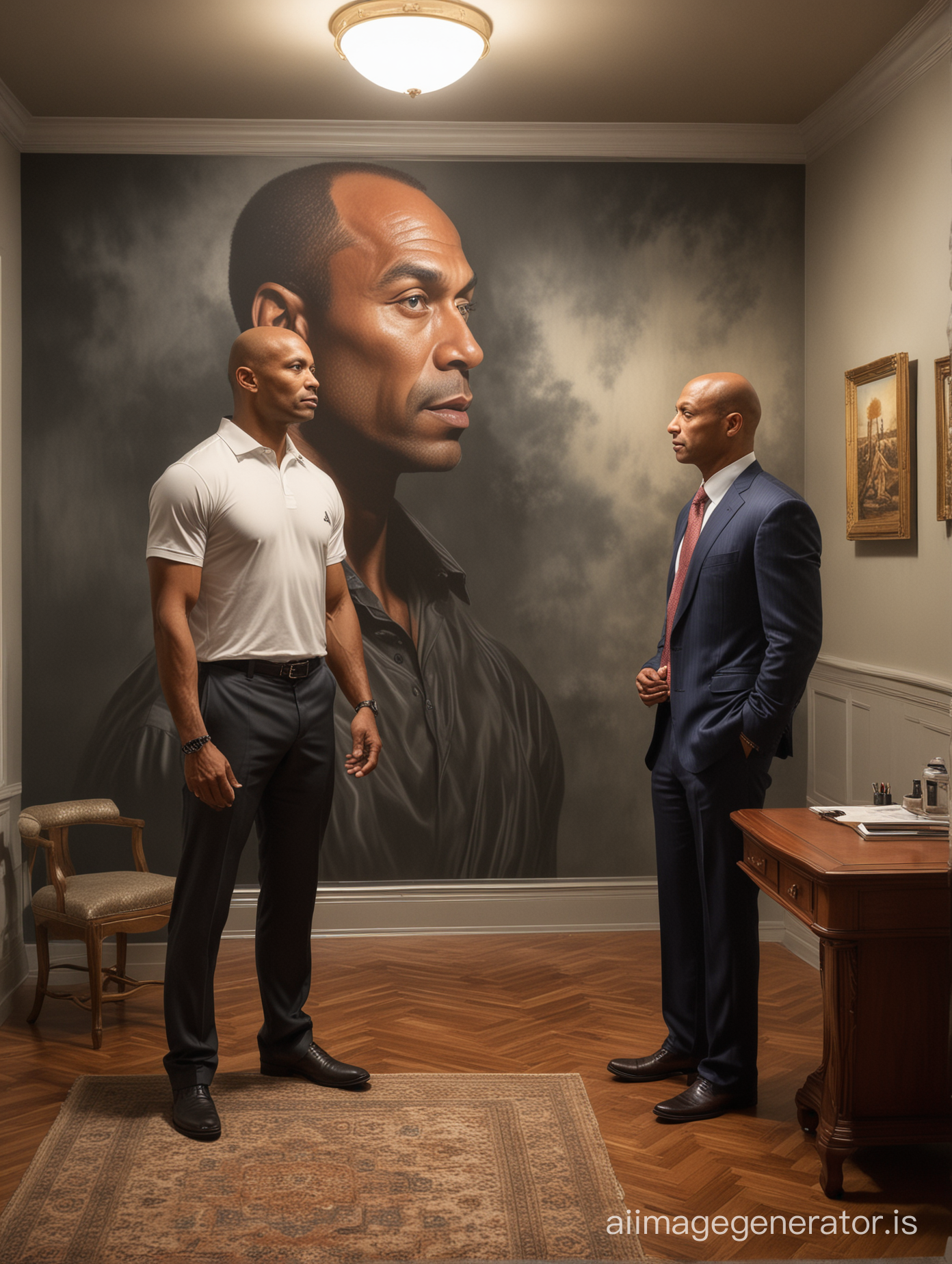 A highly realistic mural capturing David Goggins in an elegant, dimly lit study, in mid-conversation, with the ambiance of the room reflecting a sense of future possibilities, hyper realistic, ultra realistic details, full body, standing