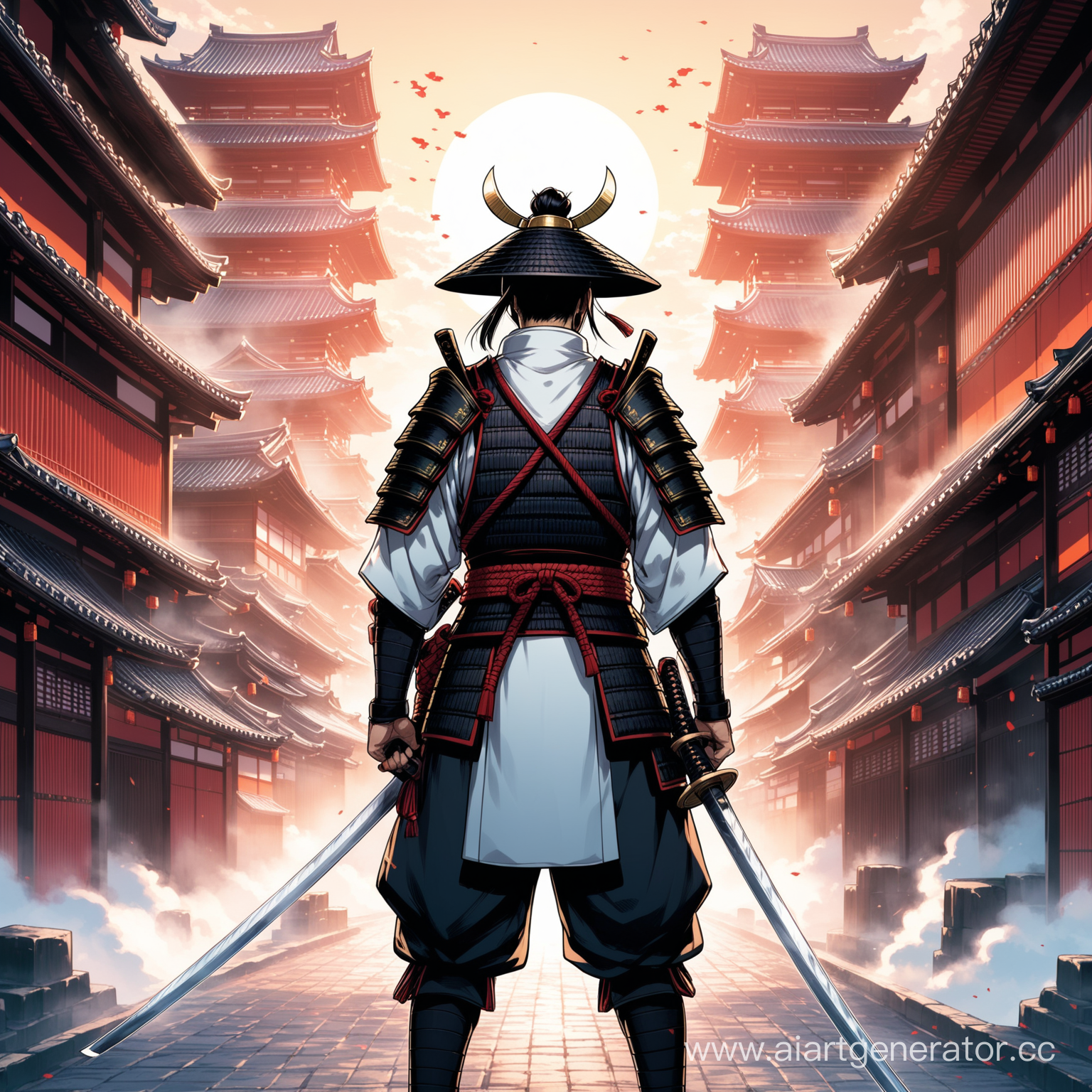 Сделай самурая на фоне города чтоб у него еще светились глаза белым цветом нфт