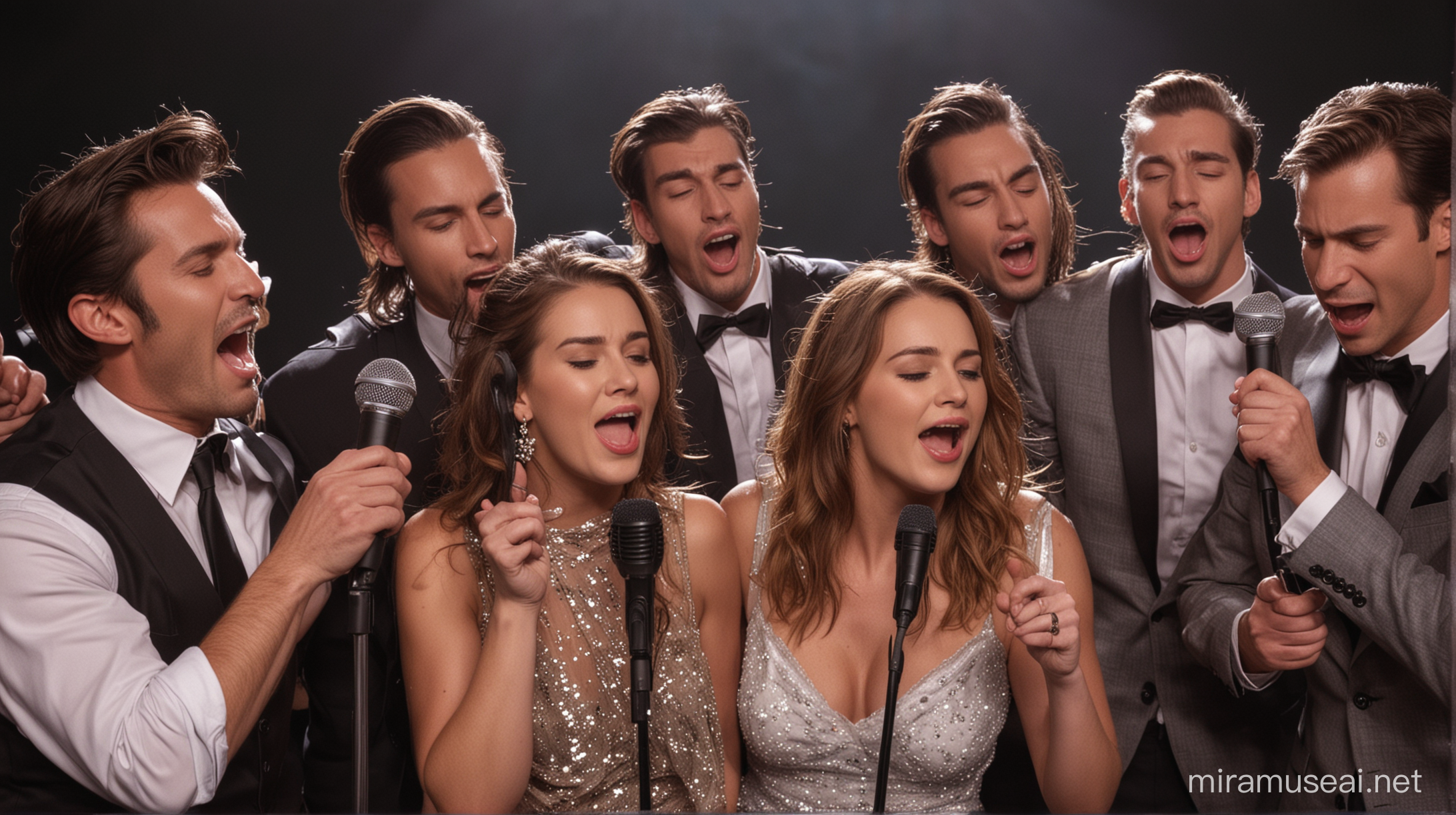Diverse Group Singing Together with Microphone
