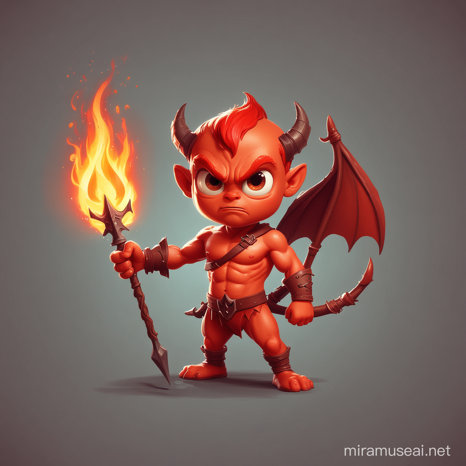 A little red devil with a trident in his hands breathes fire. Cartoon style.