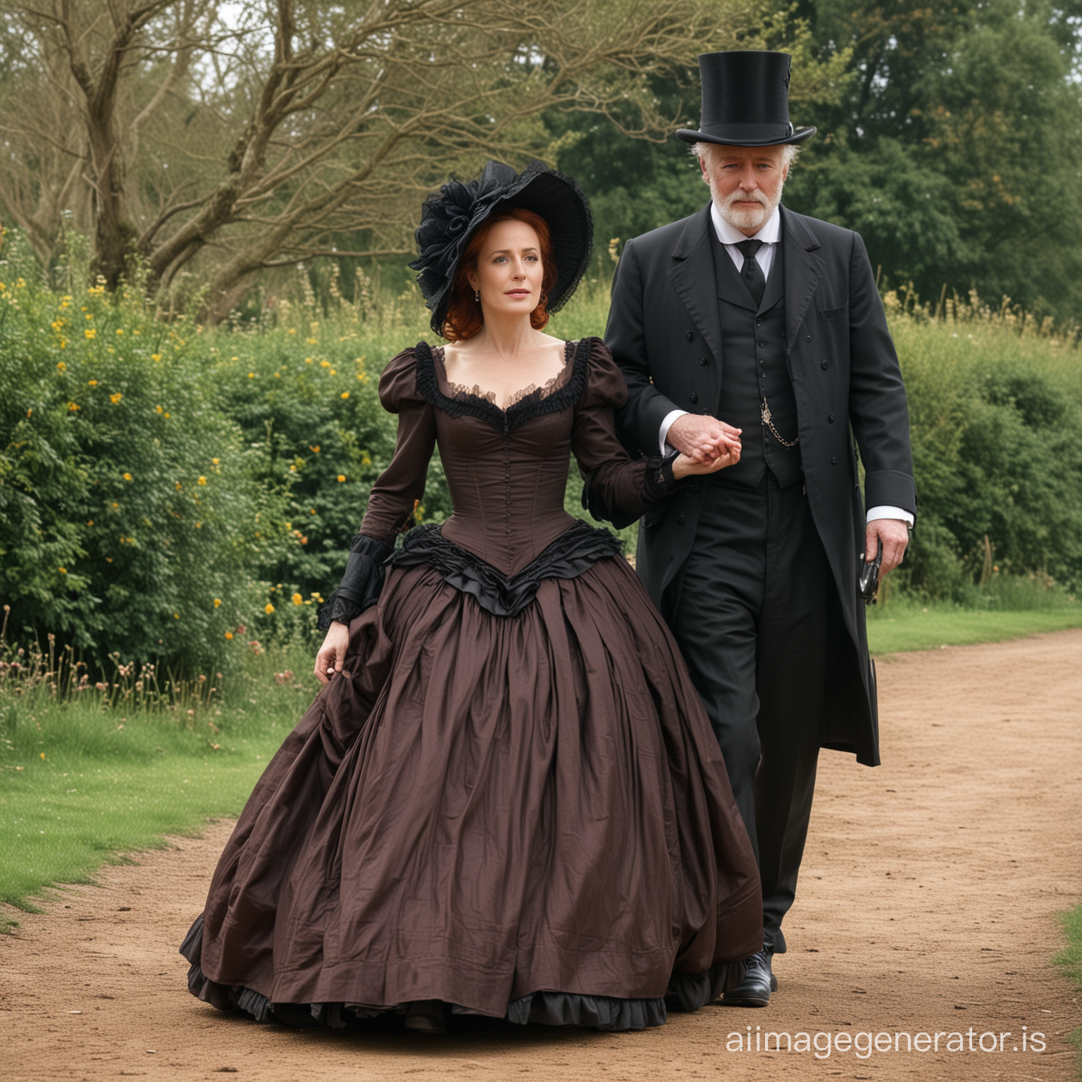 red hair Gillian Anderson wearing a dark brown floor-length loose billowing 1860 victorian crinoline poofy dress with a frilly bonnet strolling hand in hand with an old man dressed into a black victorian suit who seems to be her newlywed husband
